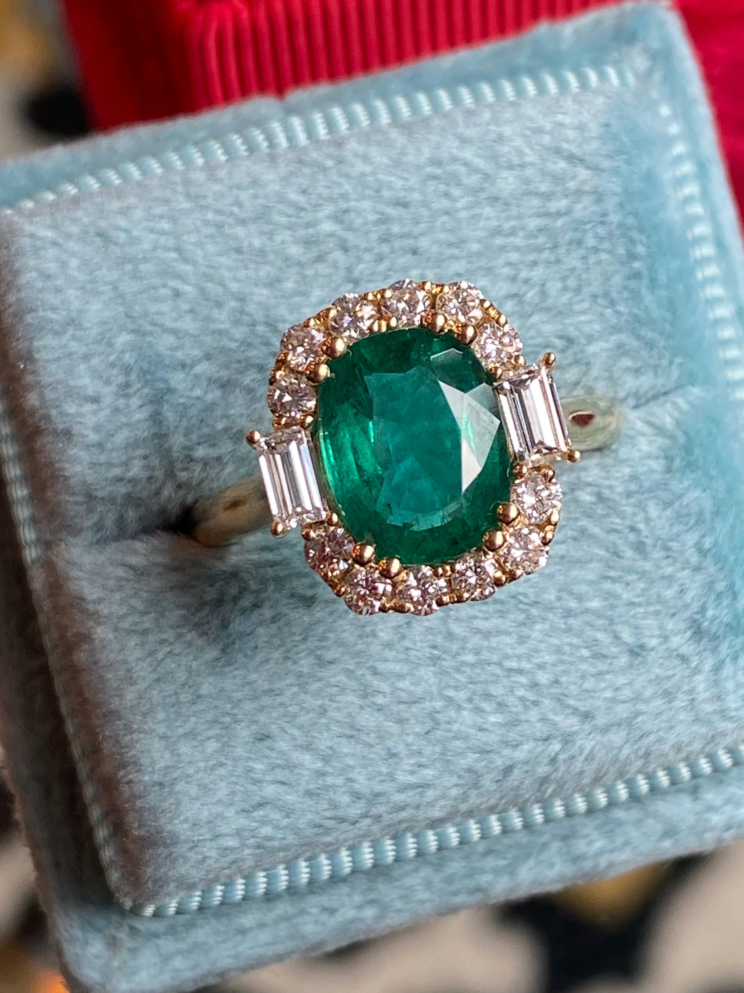 2.59 CTW Cushion Cut Emerald and Natural Diamond Halo Ring in 18ct Yellow Gold