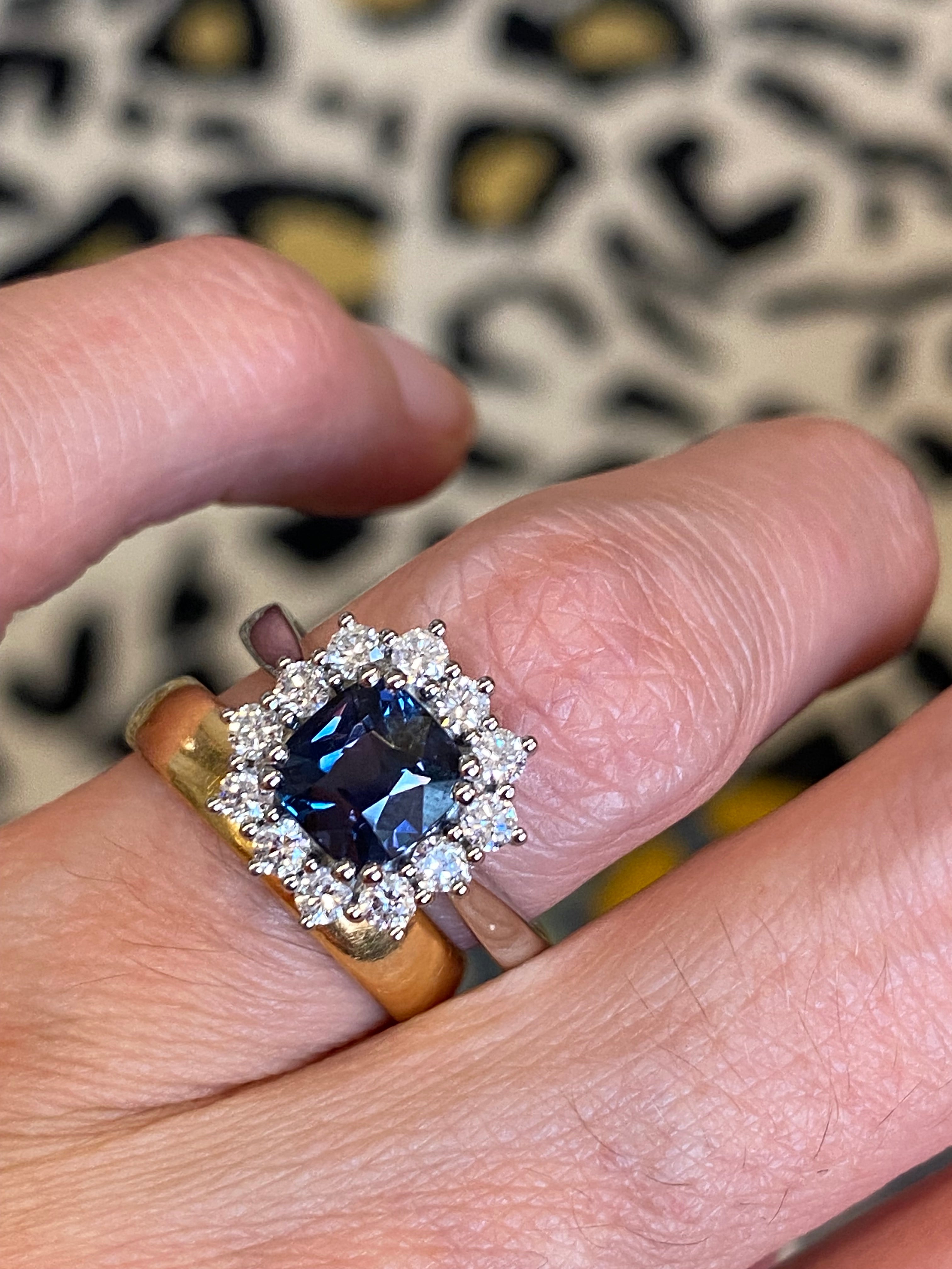 2.00 Carat Cushion Cut Teal Sapphire and Natural Diamond Halo Ring in Platinum