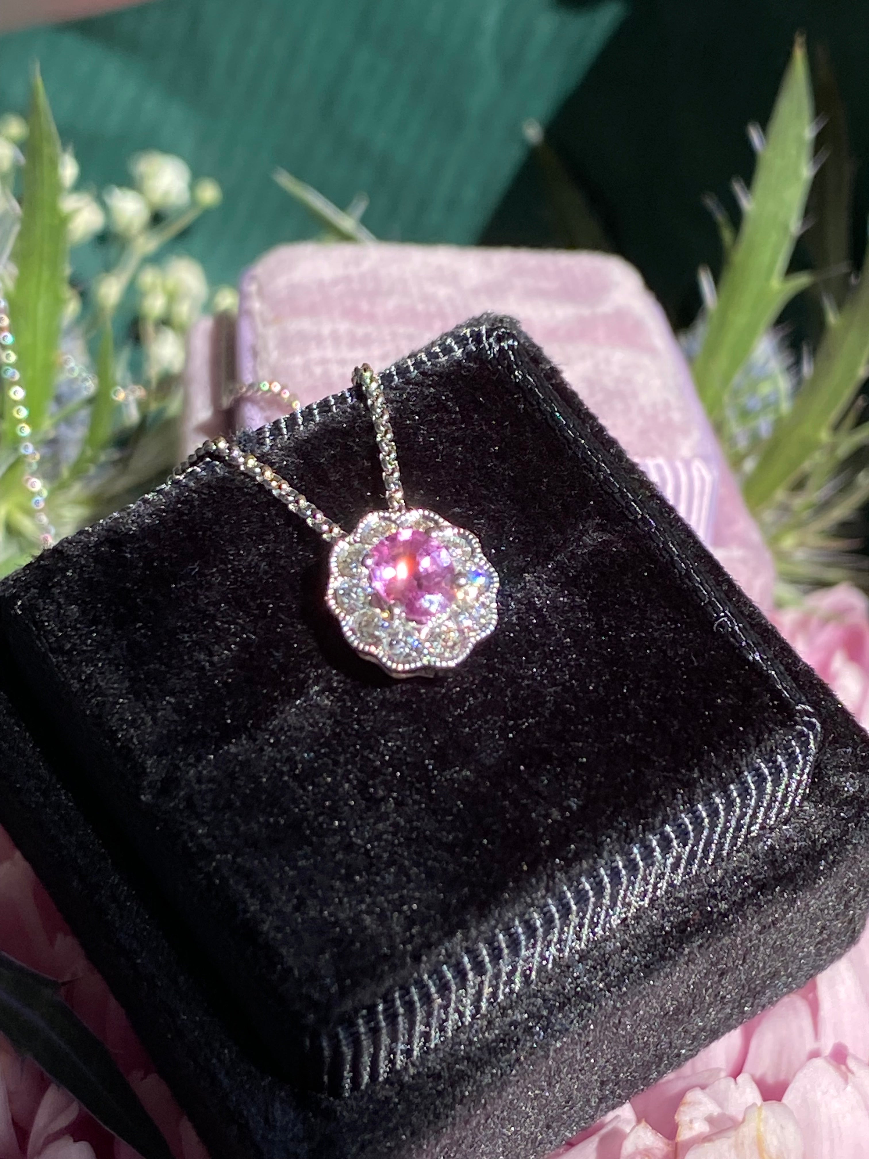 0.70 CTW Pink Sapphire and Natural Diamond Pendant Necklace in 18ct White Gold