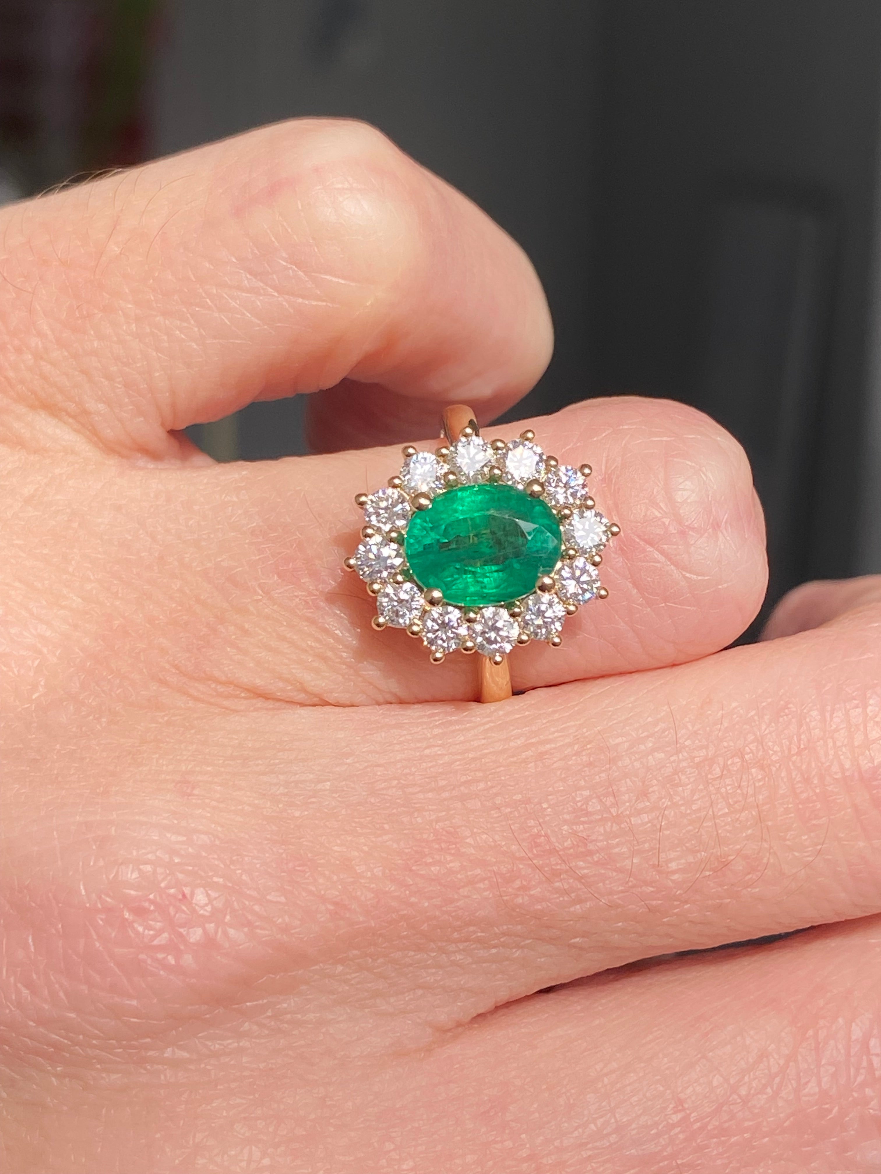 2.82 CTW Oval Cut Emerald and Natural Diamond Ring in 18ct Yellow Gold