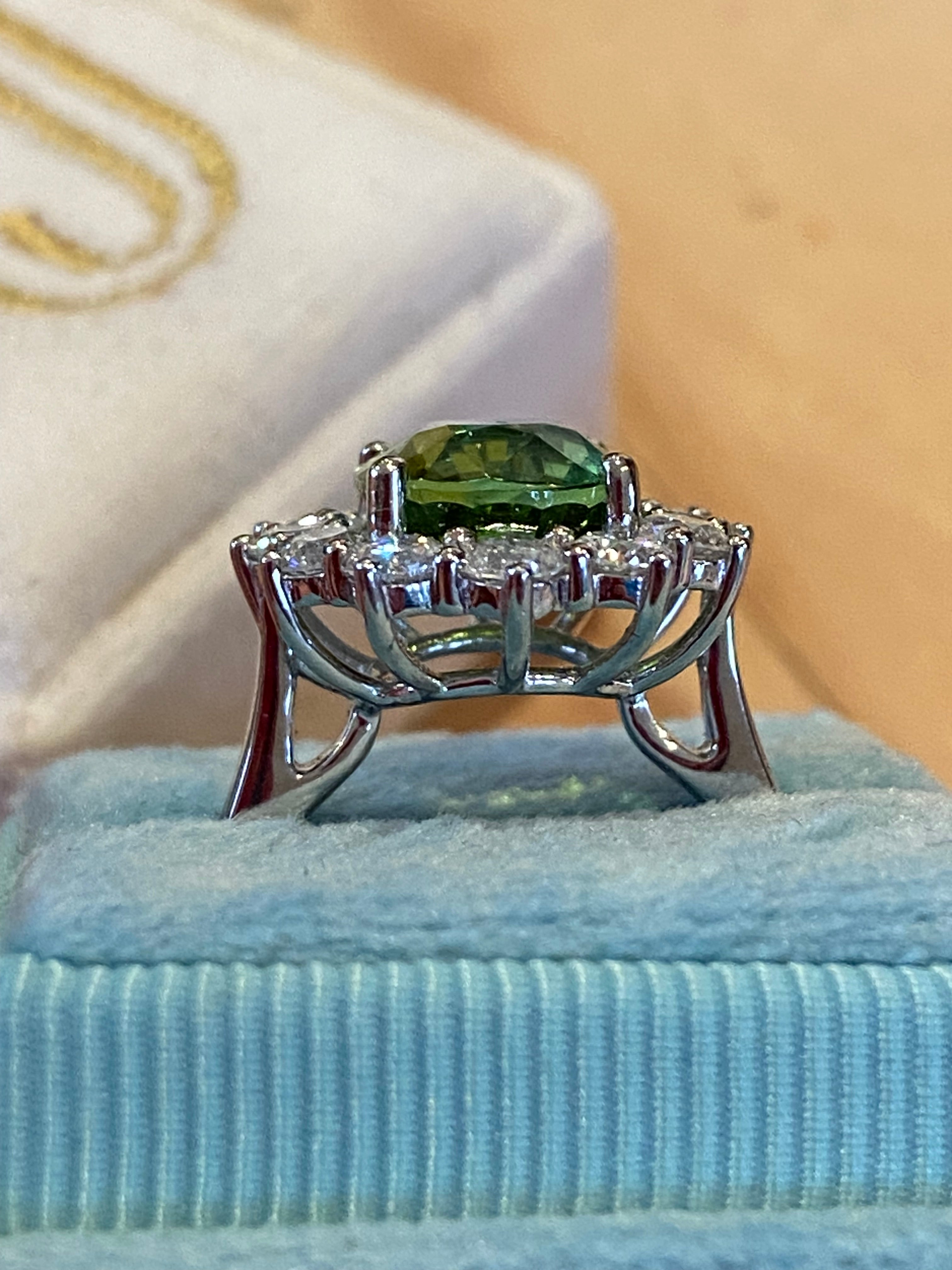 4.99 CTW Green Tourmaline and Natural Diamond Halo Ring in Platinum