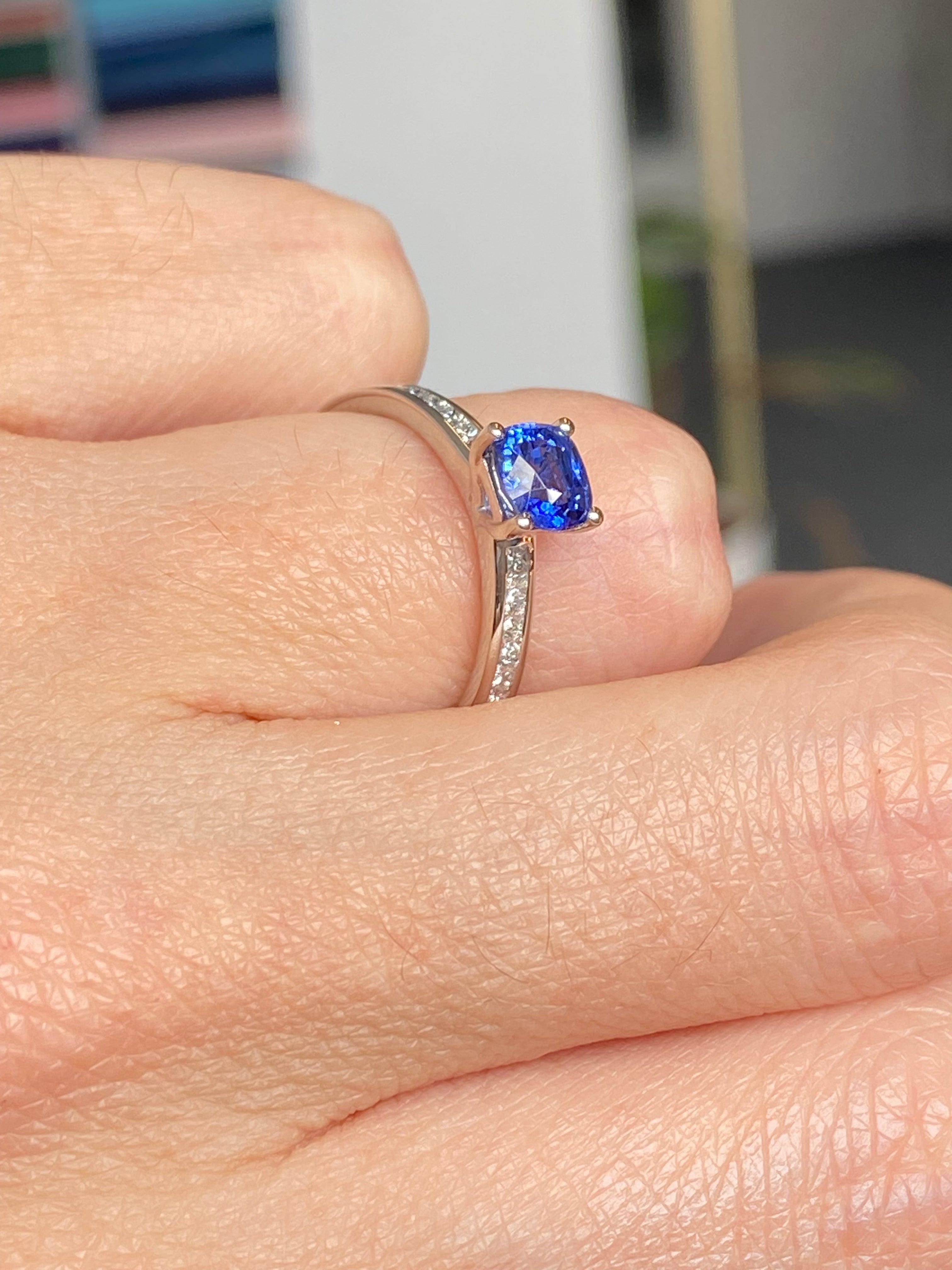 1.02 Carat Cushion Cut Blue Ceylon Sapphire Solitaire Style Engagement Ring in Platinum