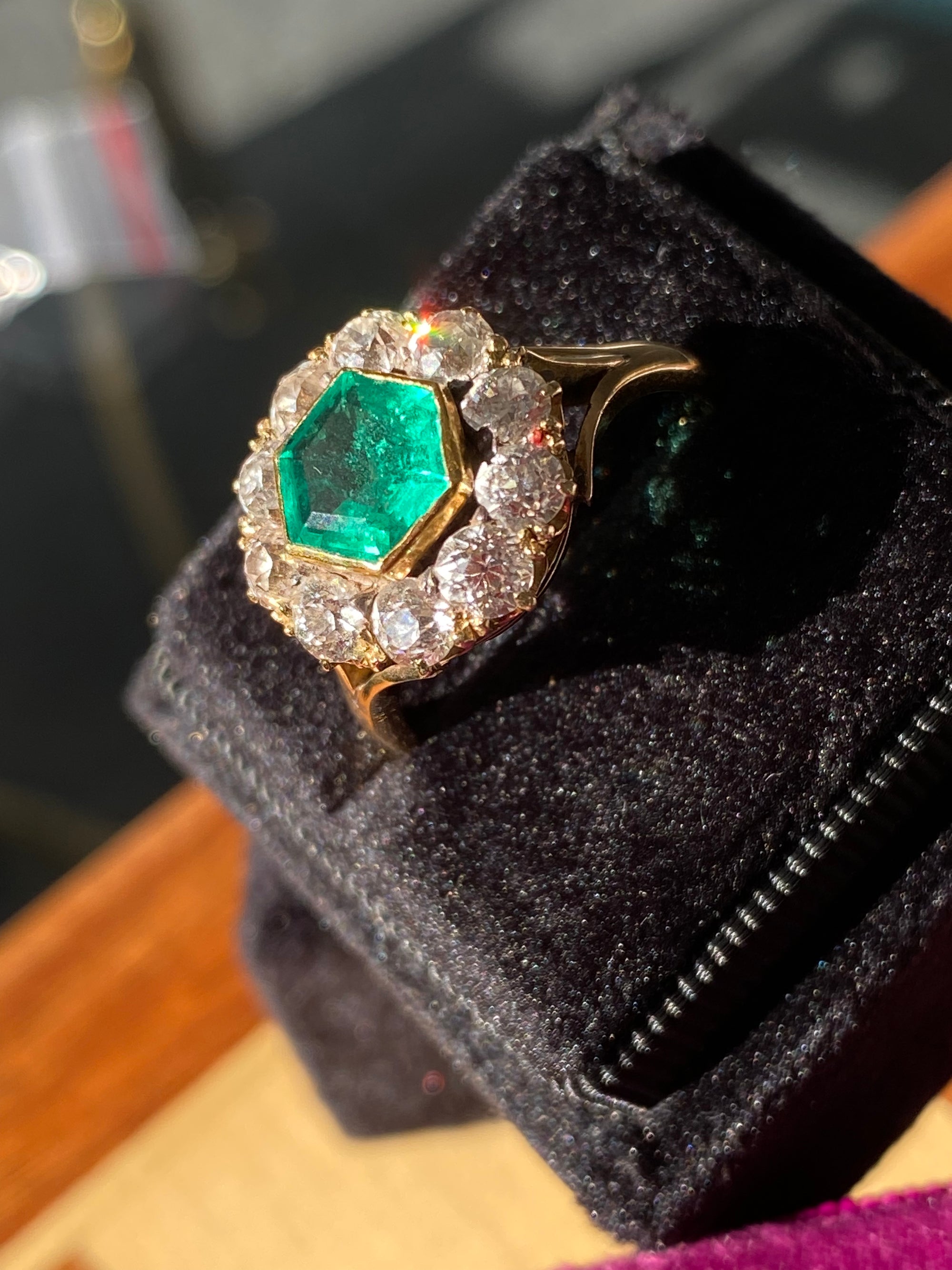 3.00 CTW Colombian Emerald and Old Cut Diamond Halo Ring in 18ct Yellow Gold