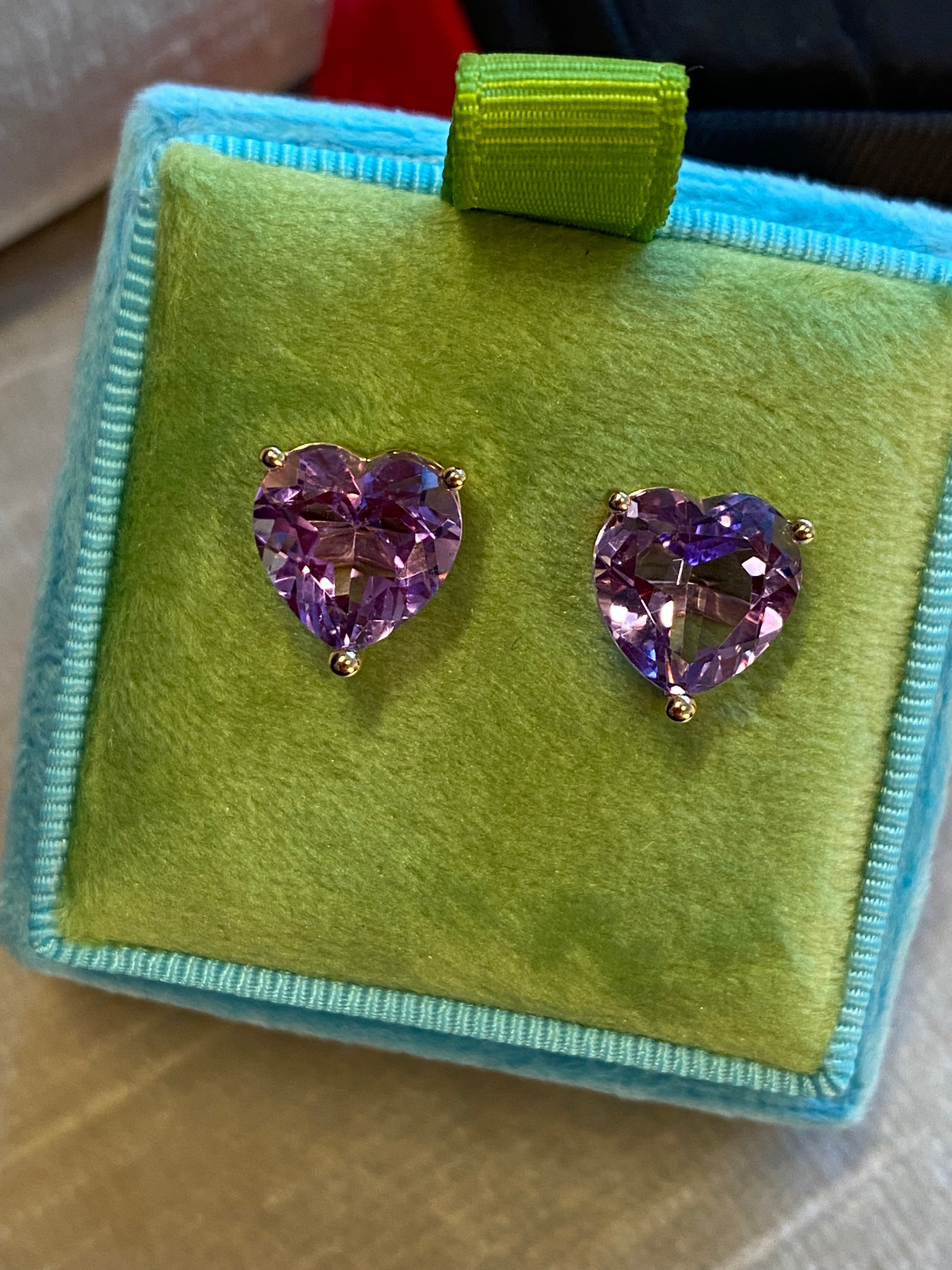 Heart Shaped Amethyst Stud Earrings in 9ct Yellow Gold