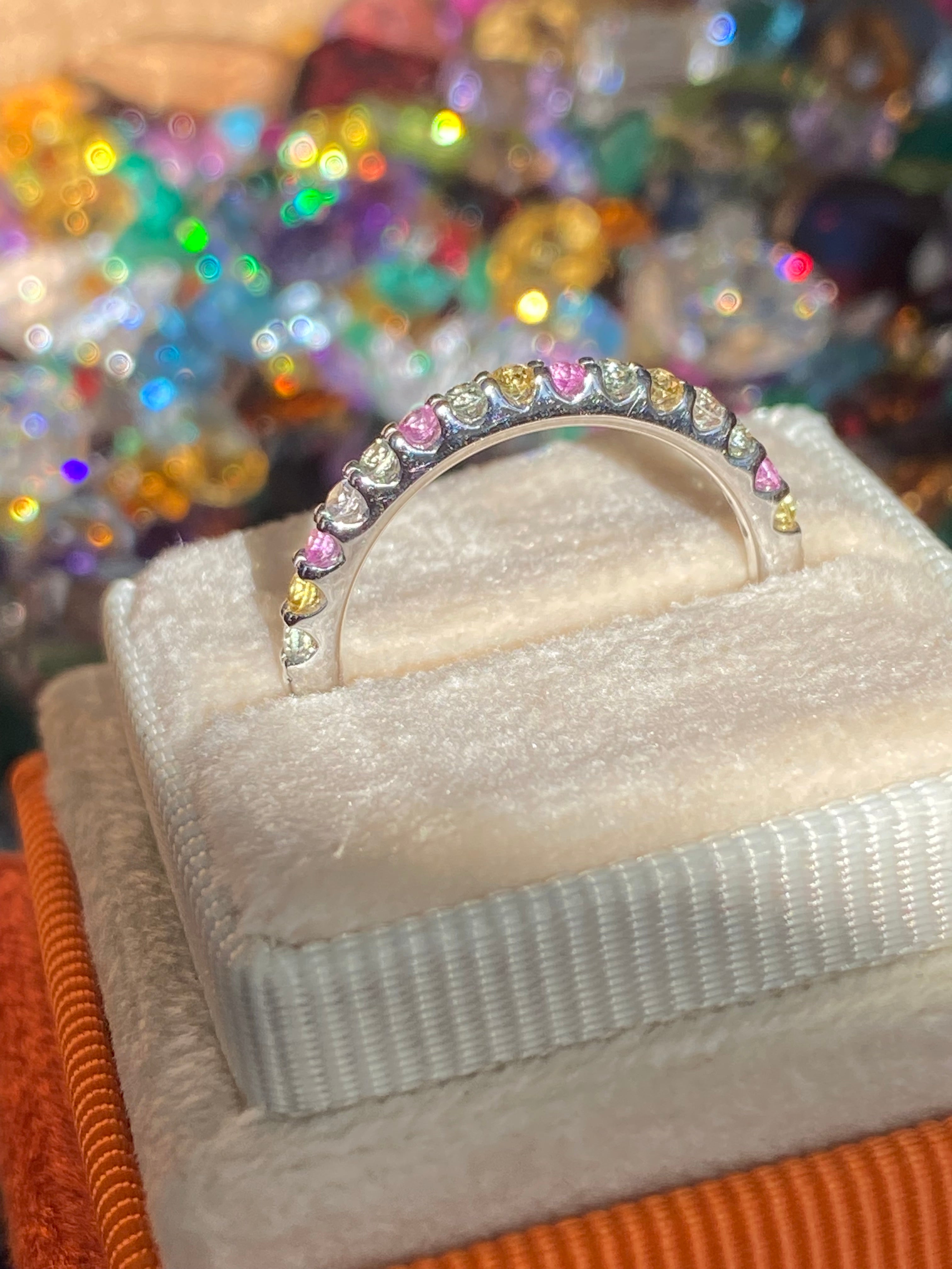 0.37 CTW Sweetshop Yellow, Pink, and Green Sapphire, and Natural Diamond Eternity Ring in 18ct White Gold