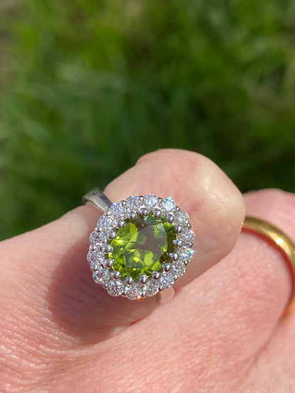 2.33 CTW Oval Cut Peridot and Moissanite Halo Cocktail Ring in Sterling Silver