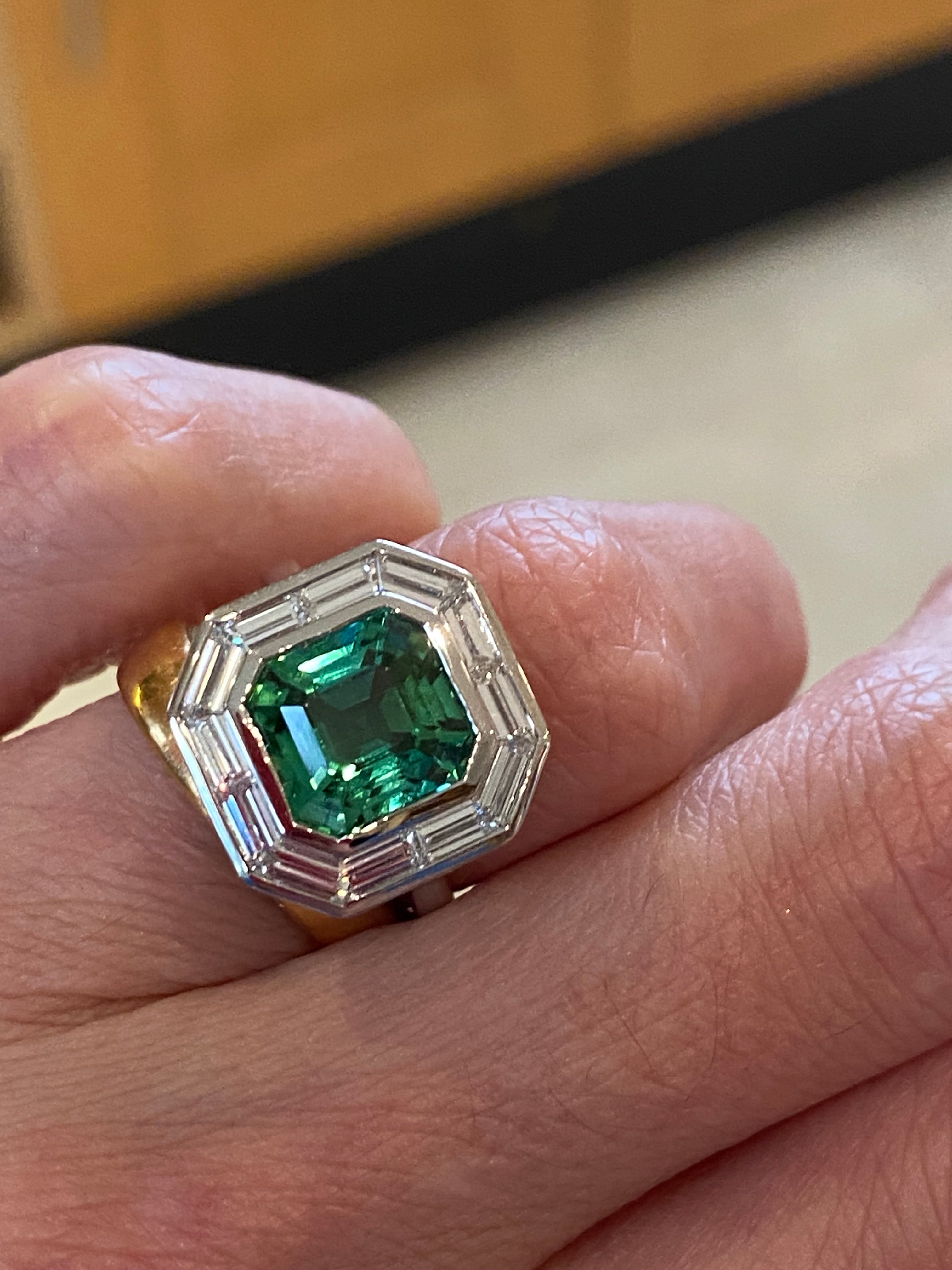 3.98 Carat Mint Tourmaline and 1.15ctw Natural Diamond Ring in Platinum
