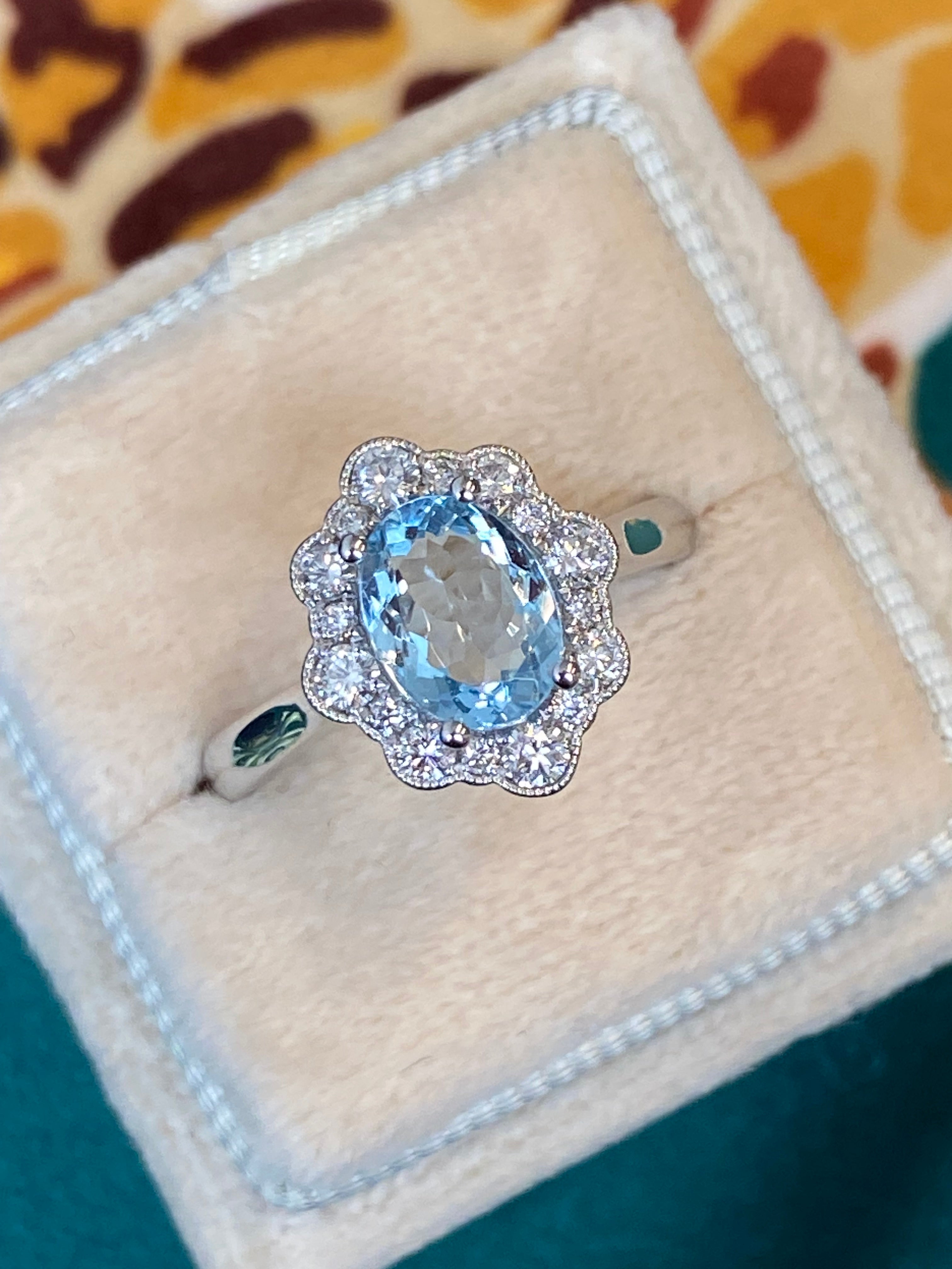 1.55 CTW Oval Cut Aquamarine and Natural Diamond Halo Engagement Ring in Platinum