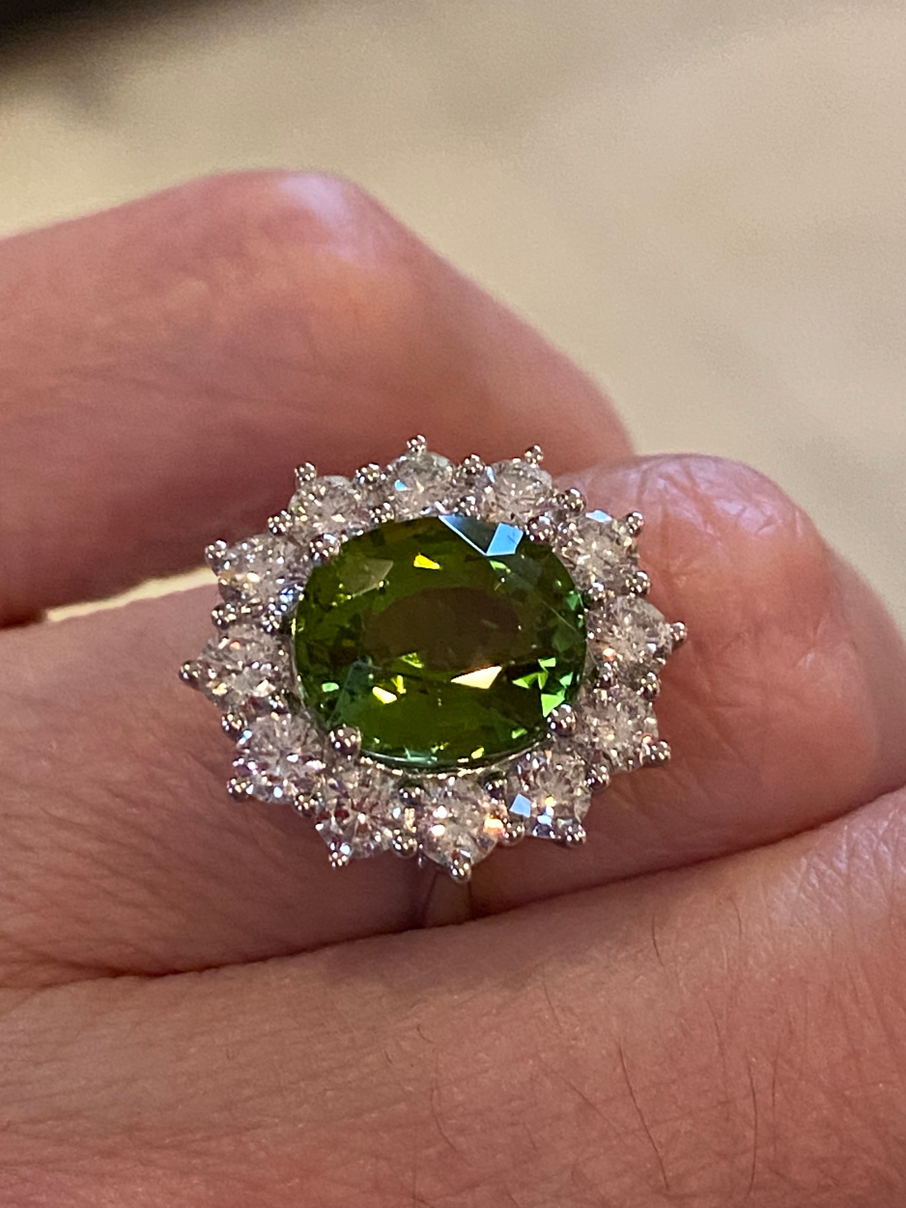 4.99 CTW Green Tourmaline and Natural Diamond Halo Ring in Platinum