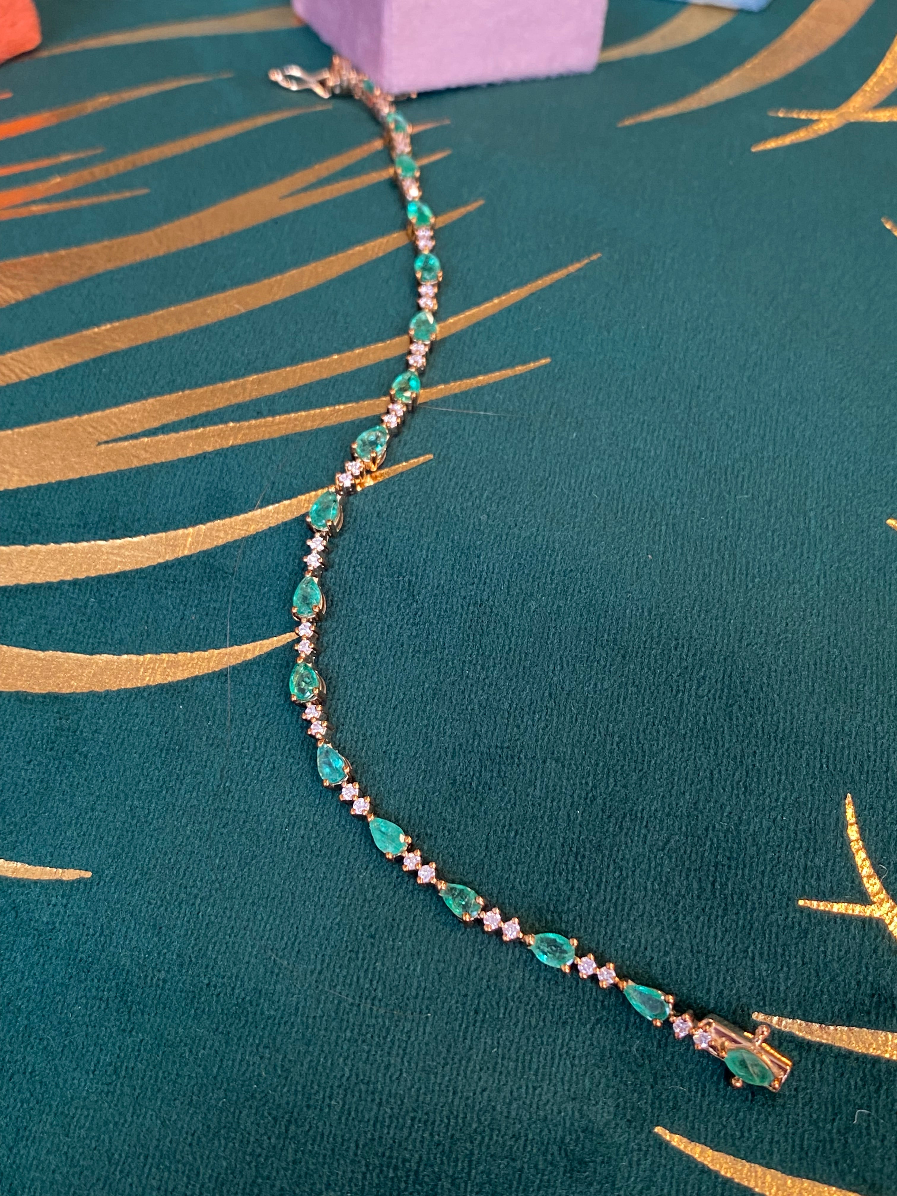 4.22 CTW Emerald and Natural Diamond Line Tennis Bracelet in 9ct Yellow Gold