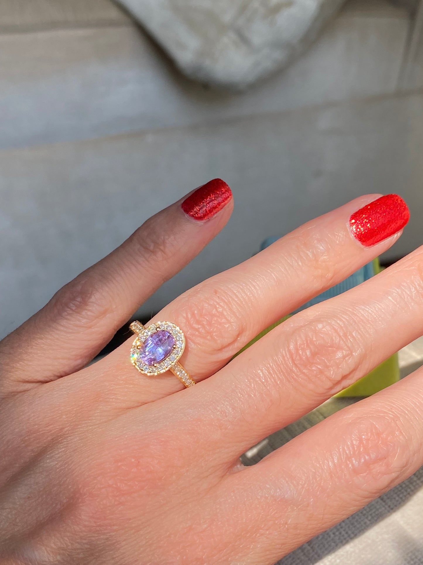 1.37 Carat Lilac Sapphire and Natural Diamond Engagement Ring in 18ct Yellow Gold