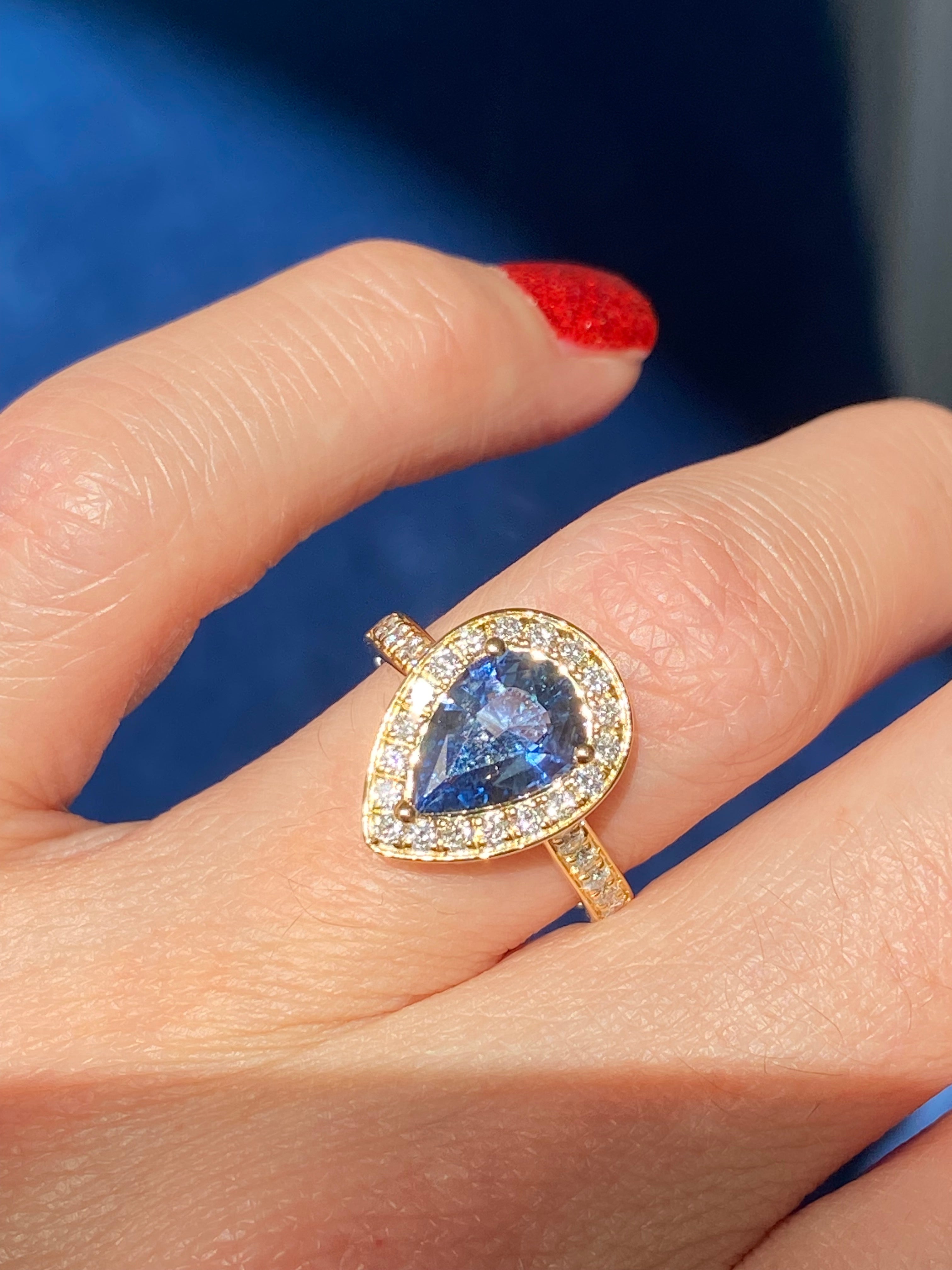 2.07 Carat Pear Cut Teal Sapphire and 0.48 CTW Natural Diamond Ring in 18ct Yellow Gold
