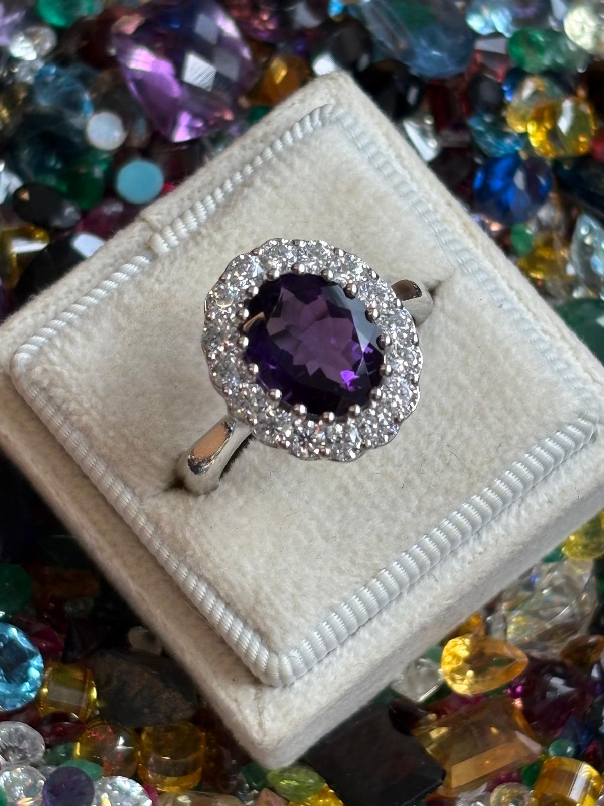4.50 CTW Oval Cut Amethyst and Moissanite Halo Cocktail Ring