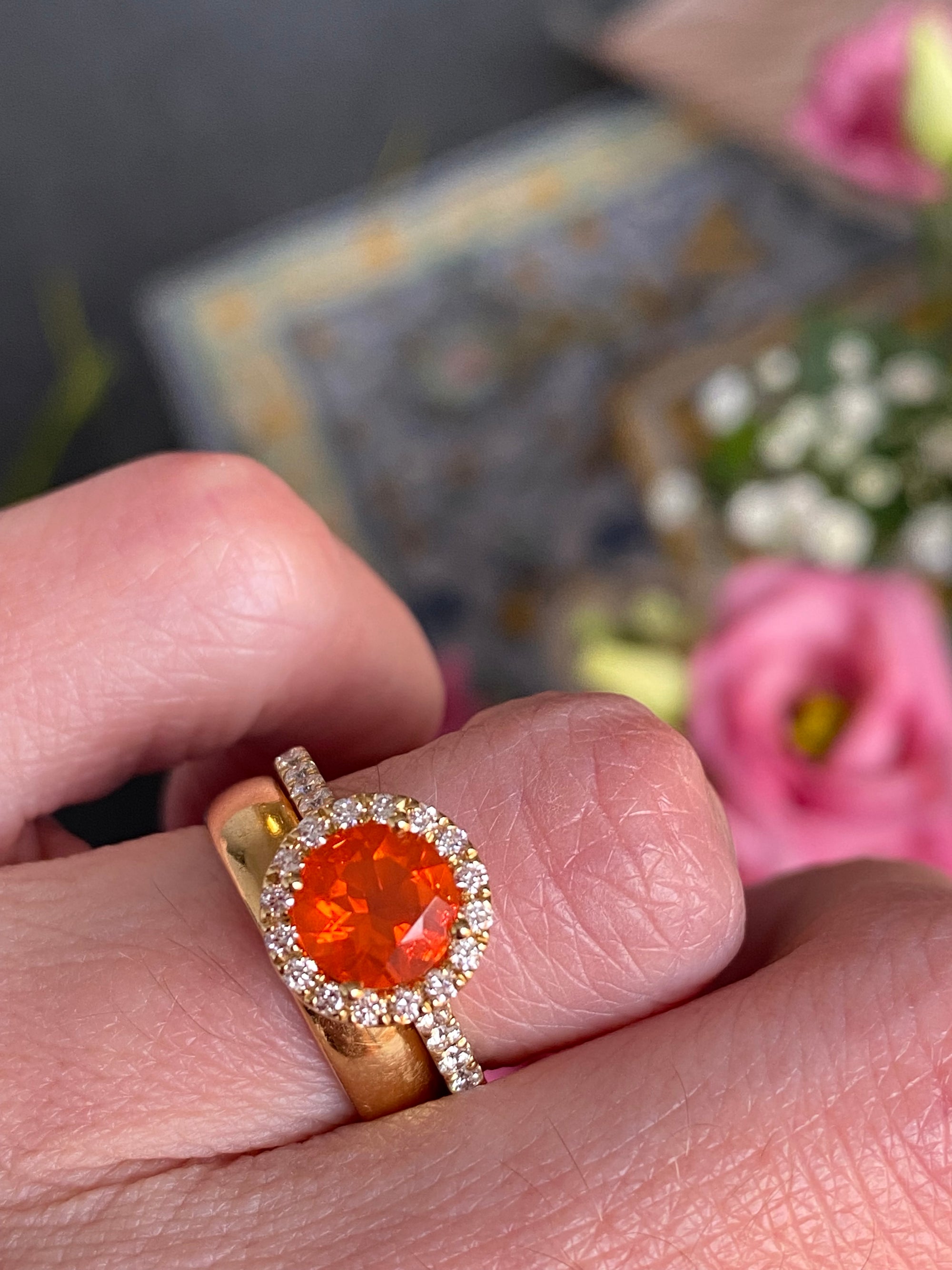 1.37 CTW Fire Opal and Natural Diamond Halo Ring in 18ct Yellow Gold