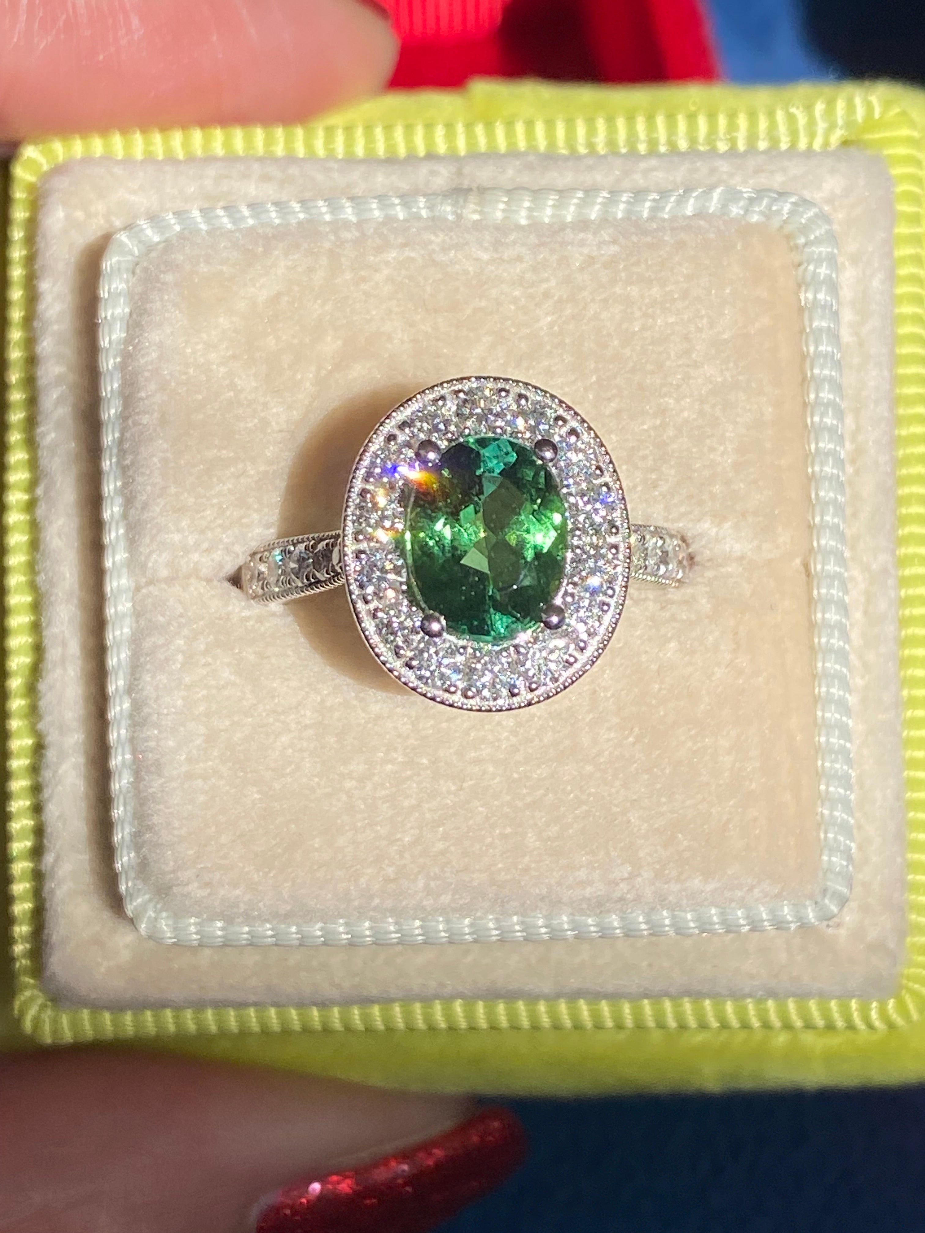 1.66 Carat Oval Cut Mint Tourmaline and 0.66 CTW Natural Diamond Ring in Platinum