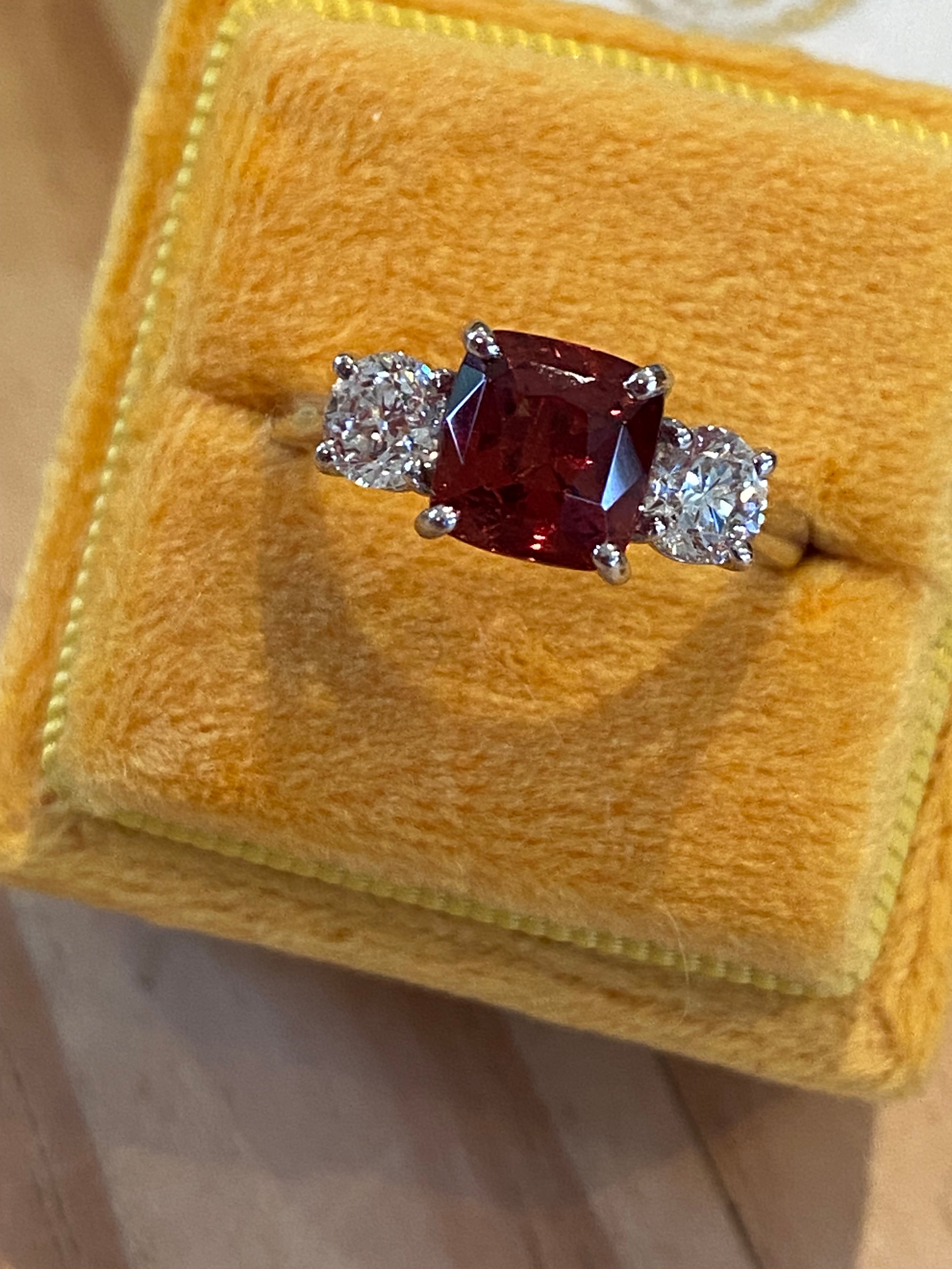 3.28 CTW Rhodolite Garnet and Natural Diamond Three Stone Ring in Platinum