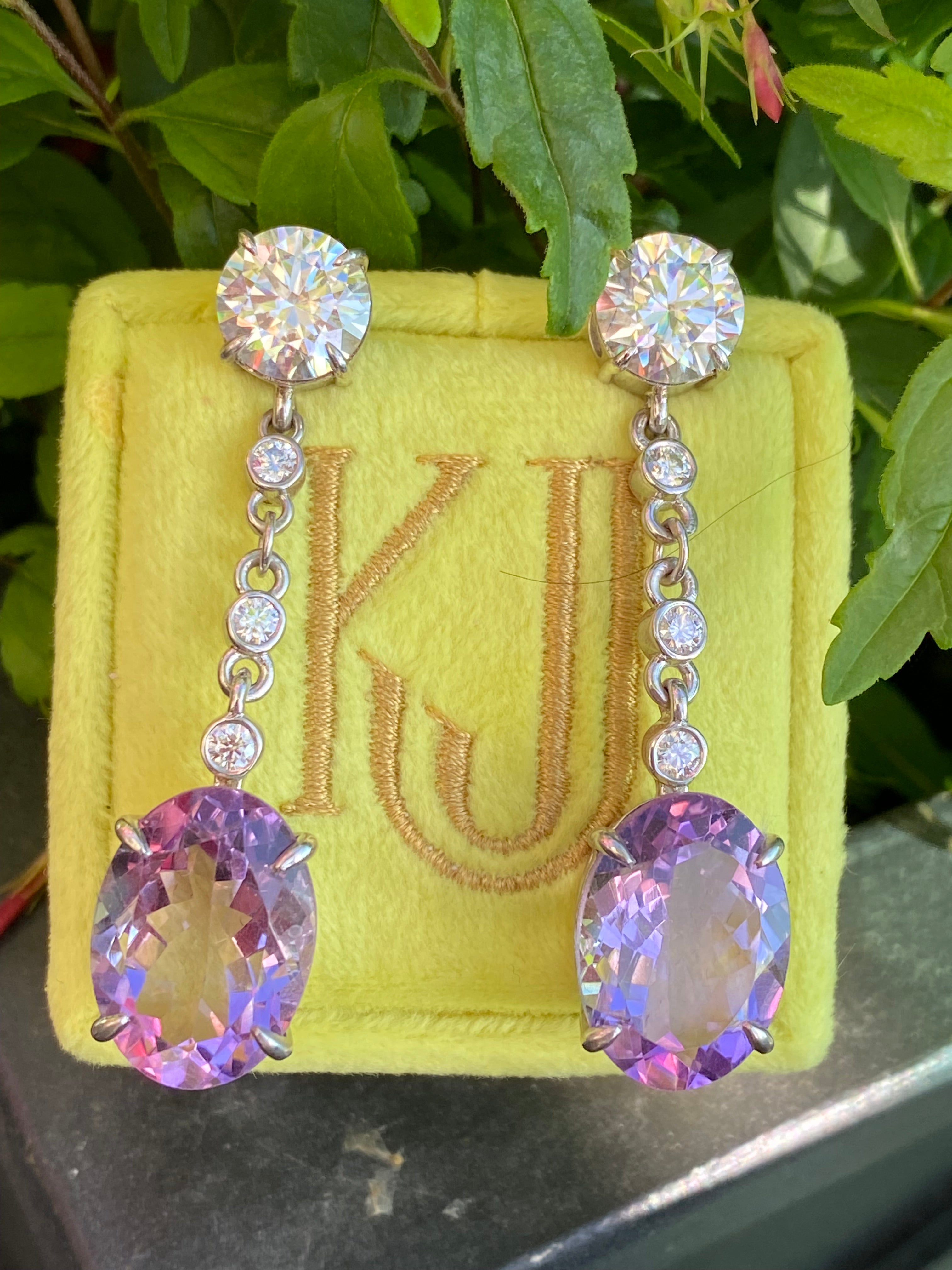 28.00 Carat Oval Cut Rose de France Amethyst and Moissanite Earrings in Sterling Silver