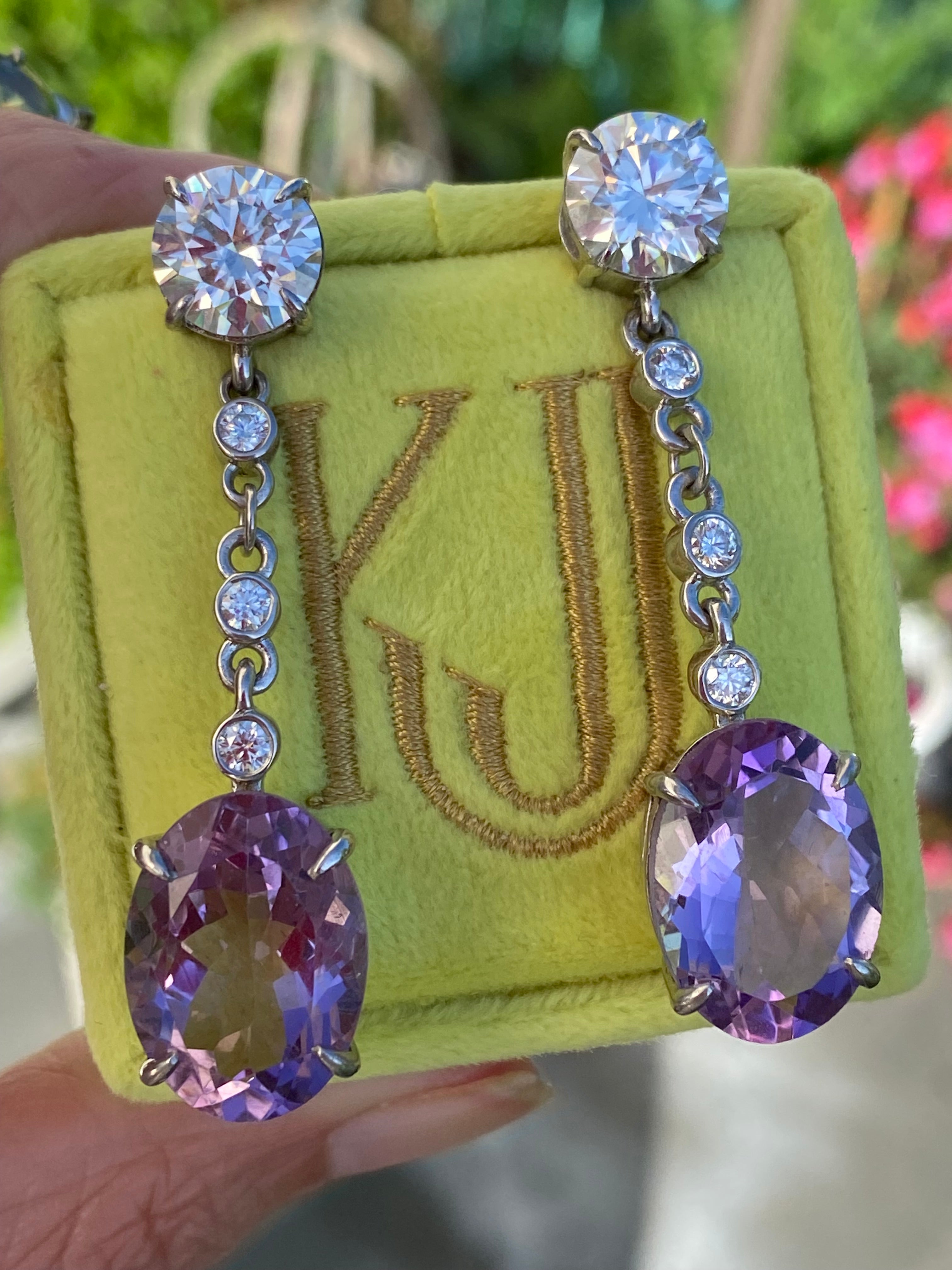 28.00 Carat Oval Cut Rose de France Amethyst and Moissanite Earrings in Sterling Silver