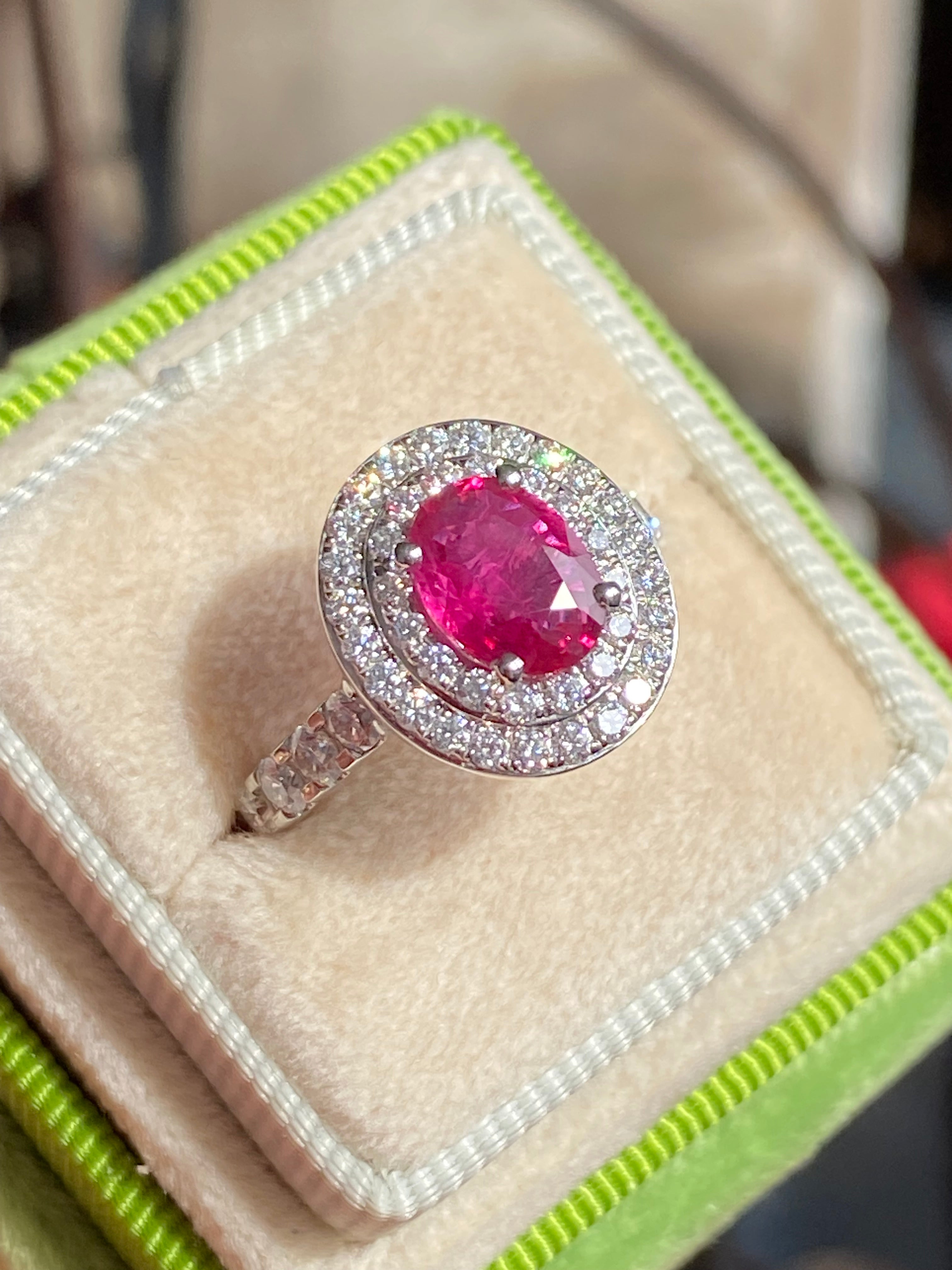 2.43 CTW Oval-Cut Ruby and Natural Diamond Double Halo Ring in Platinum