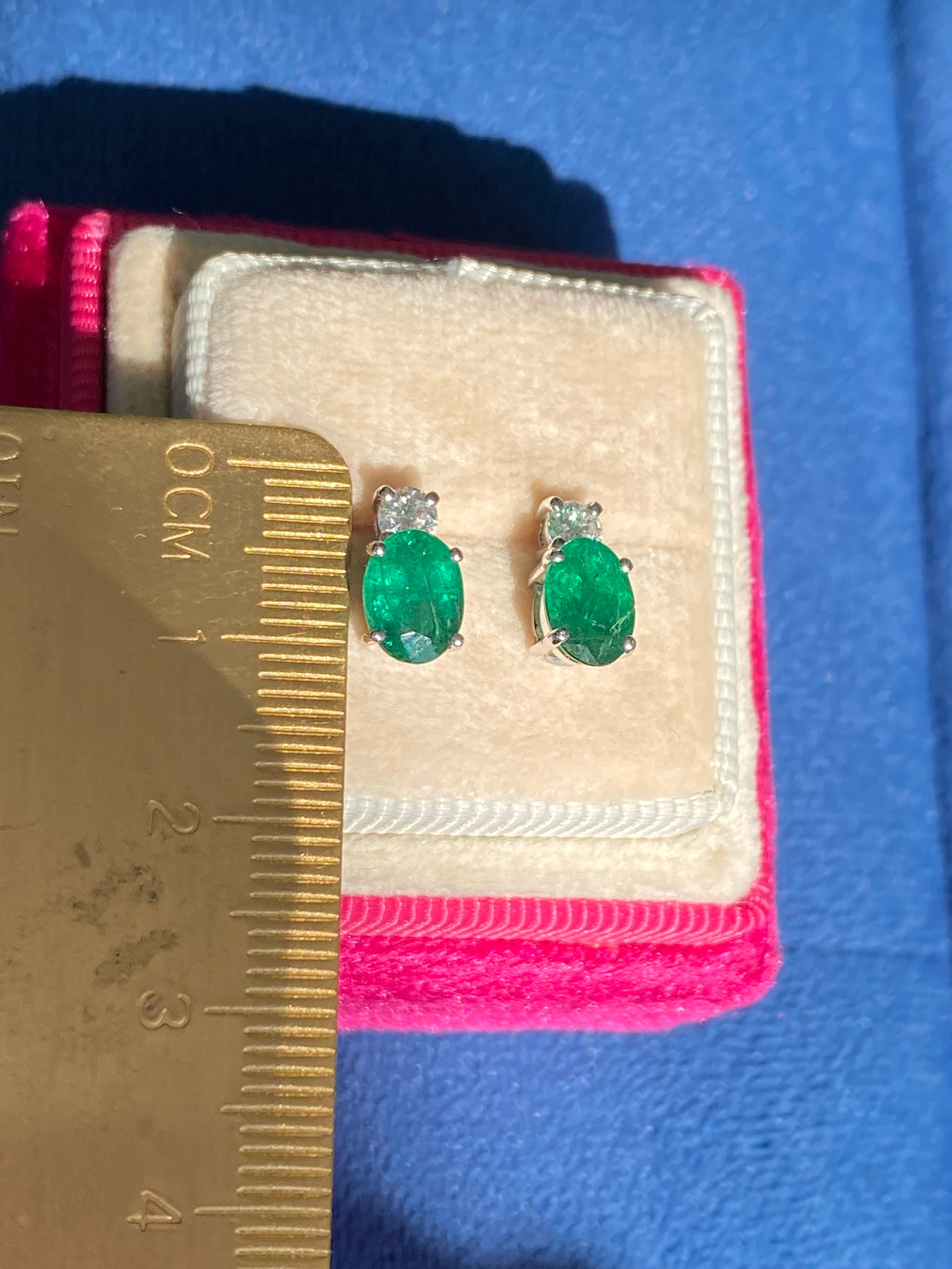 2.17 CTW Emerald and Natural Diamond Stud Earrings in 18ct White Gold