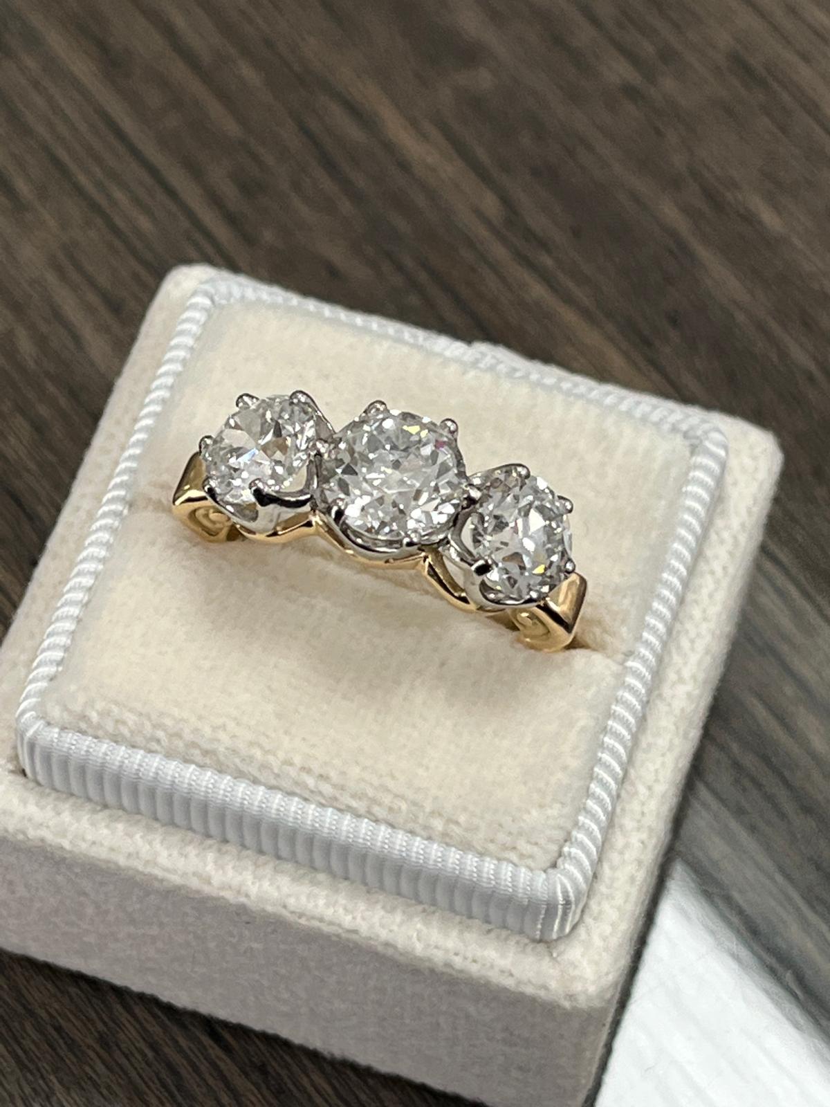 Heritage 4.00 CT + Old Cut Lab Grown Diamond Three Stone Trilogy Engagement Ring, at Least F Colour / VS Clarity