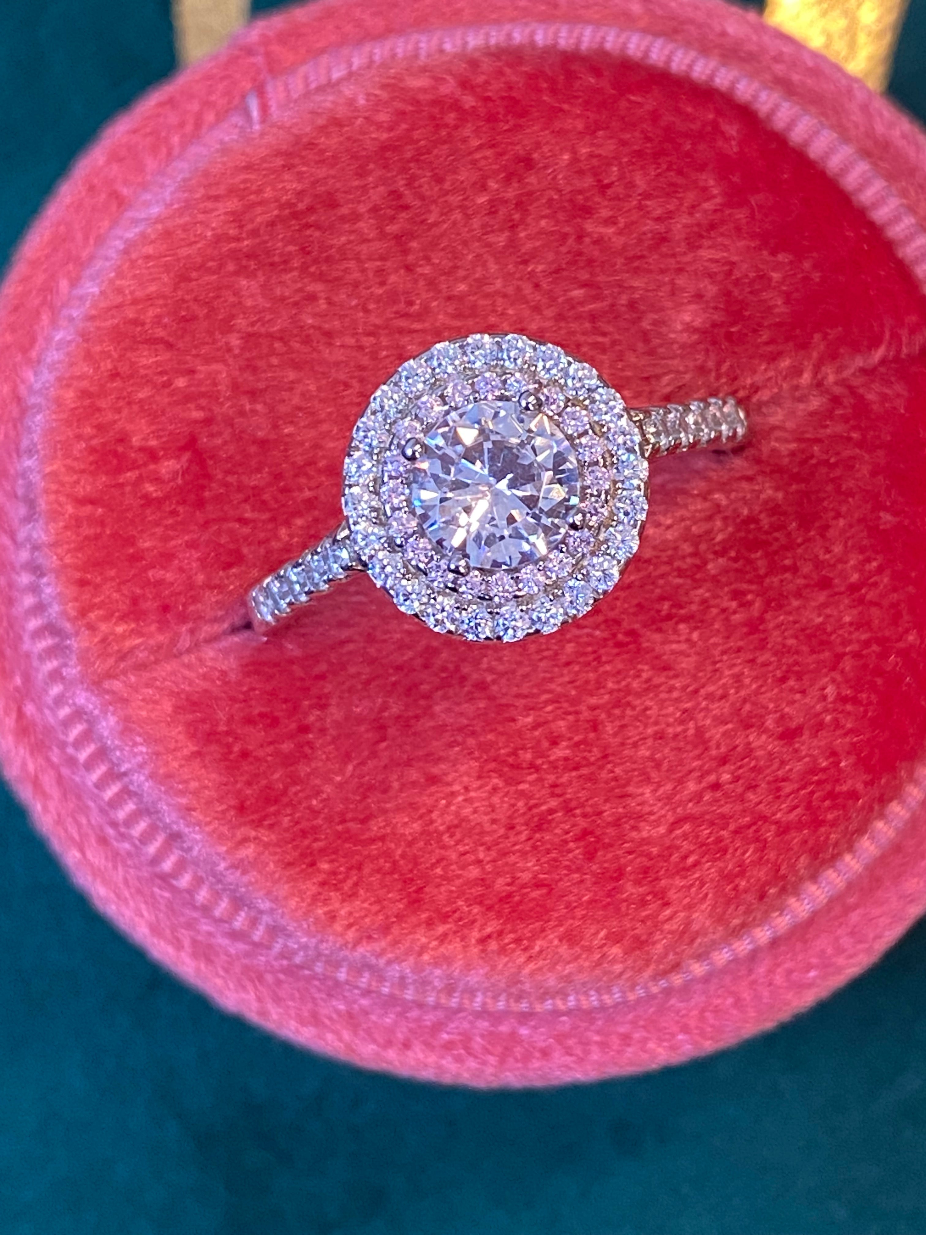Round Cut Moissanite Pink Double Halo Engagement and Wedding / Eternity Ring Set in Sterling Silver