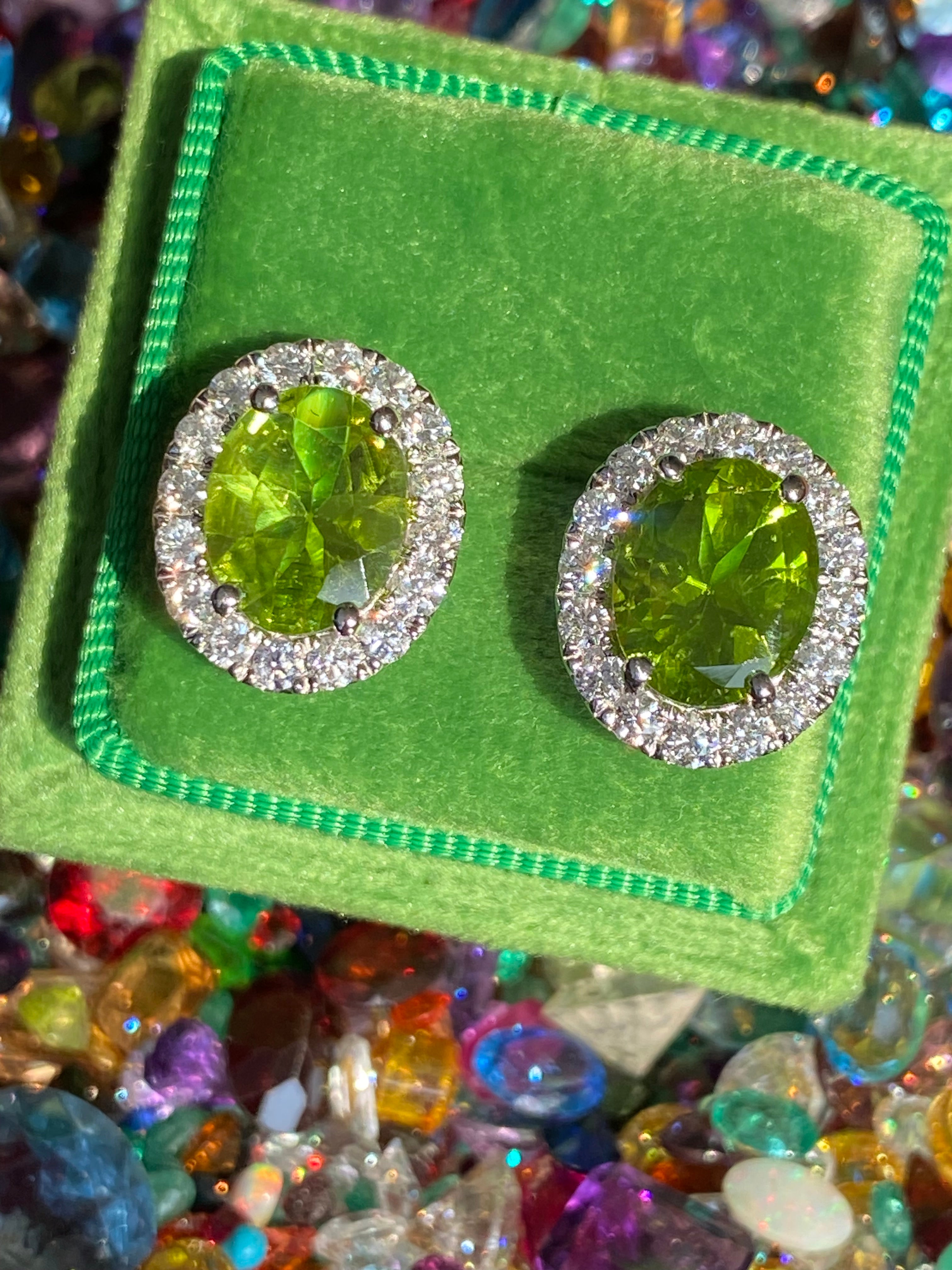5.63 CTW Peridot and Natural Diamond Stud Earrings in 9ct White Gold