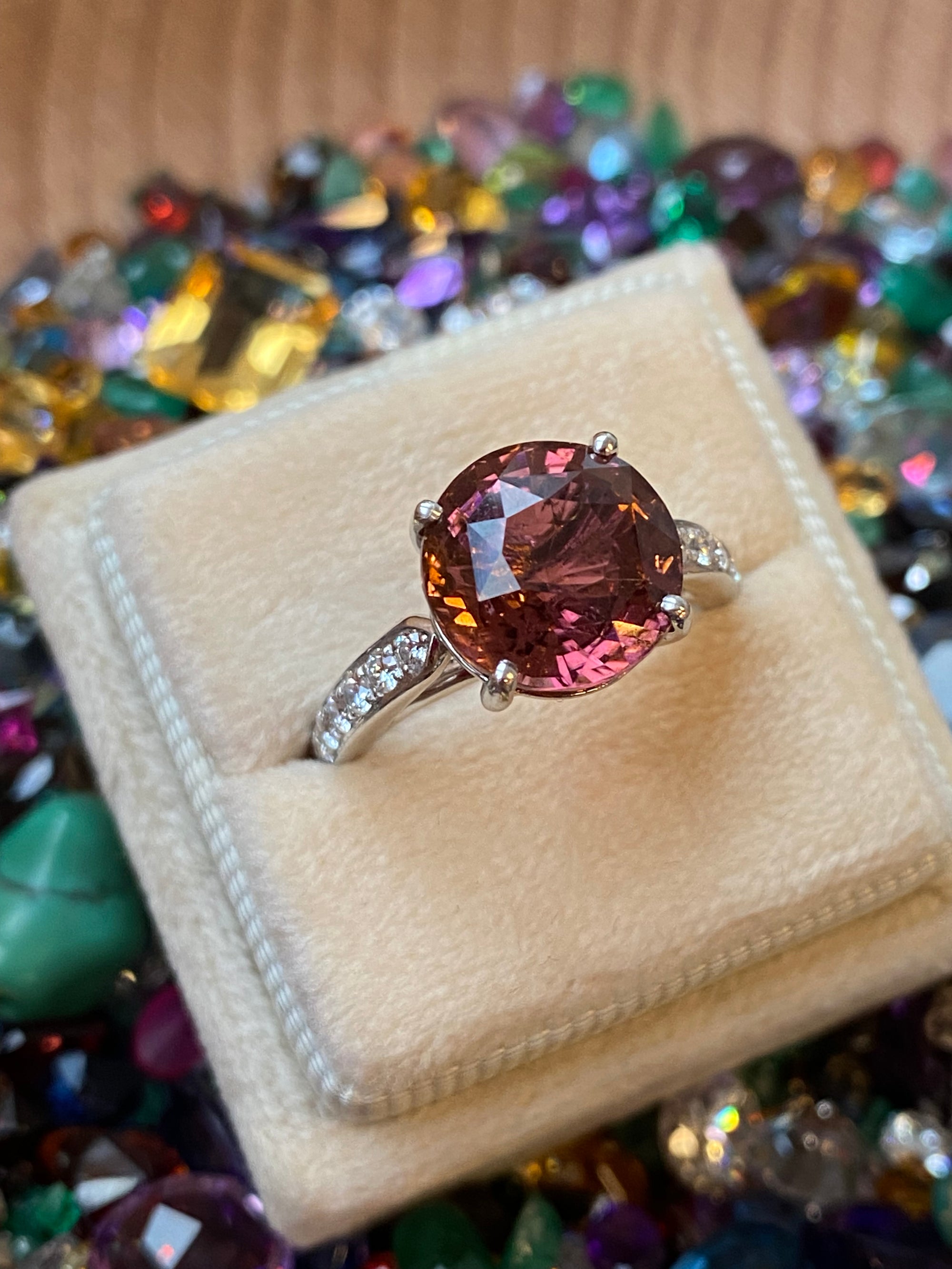 5.09 Carat Round Cut Pink Tourmaline and Natural Diamond Engagement Ring in Platinum