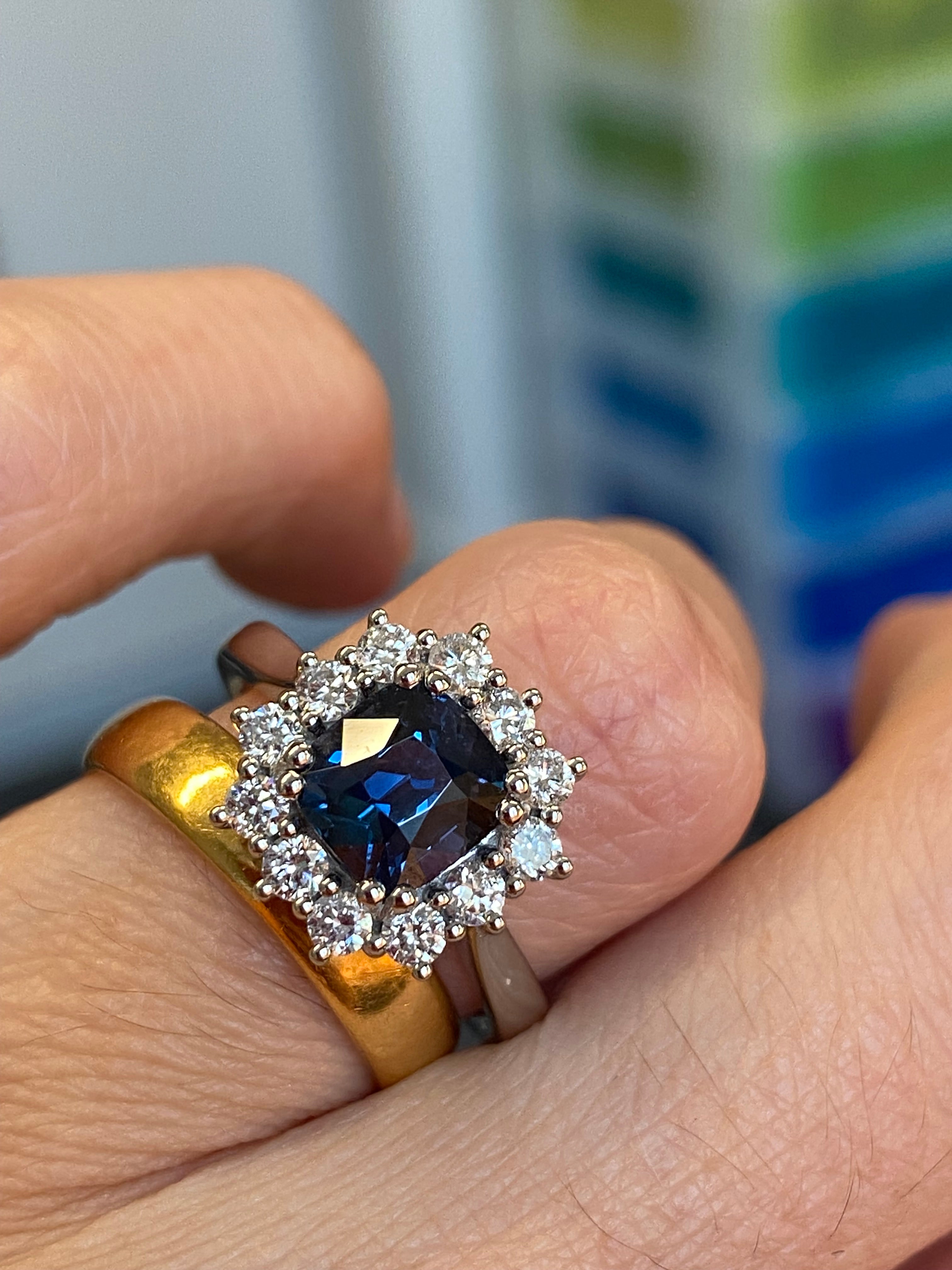2.00 Carat Cushion Cut Teal Sapphire and Natural Diamond Halo Ring in Platinum