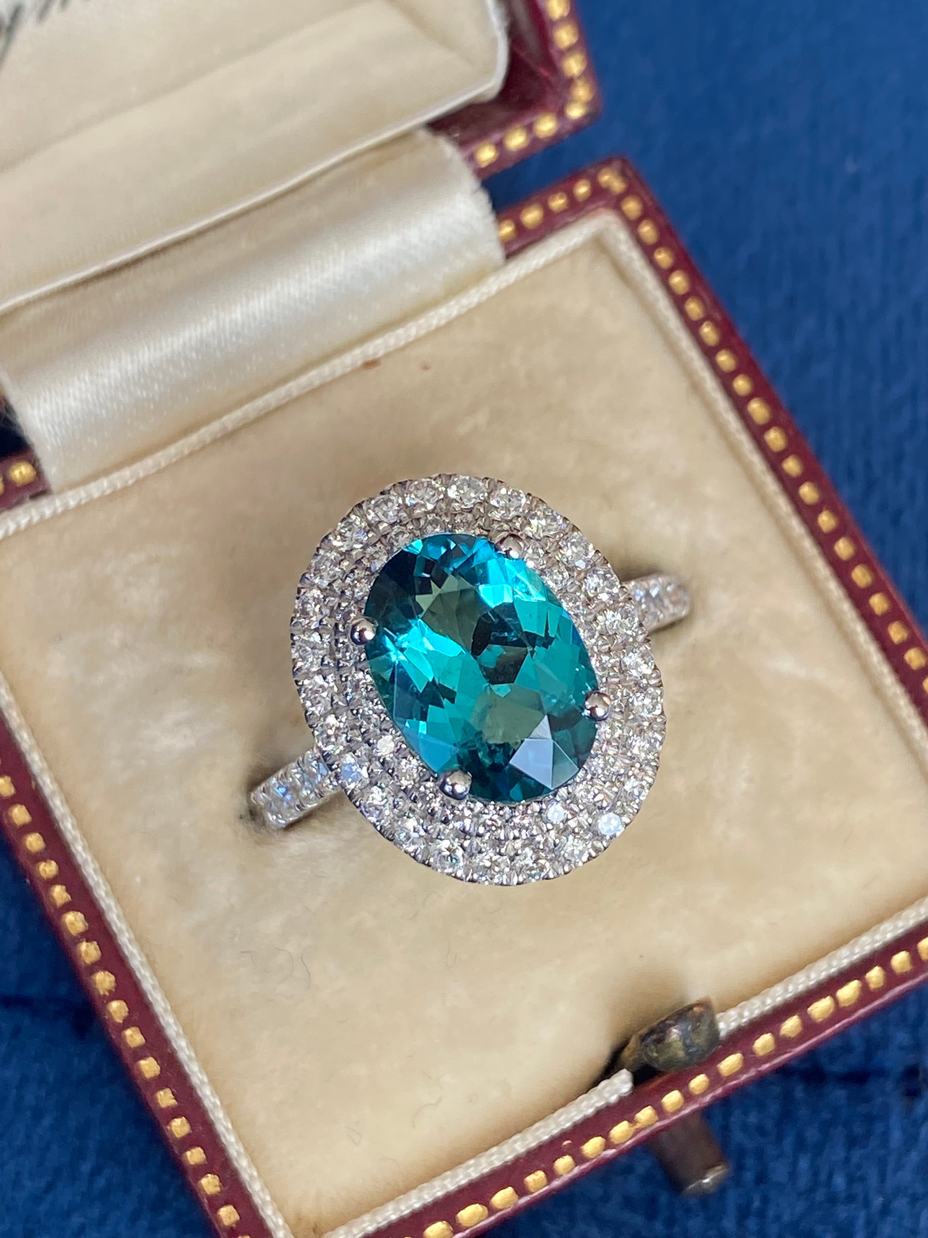 2.43 Carat Lagoon Tourmaline and Natural Diamond Double Halo Ring in Platinum