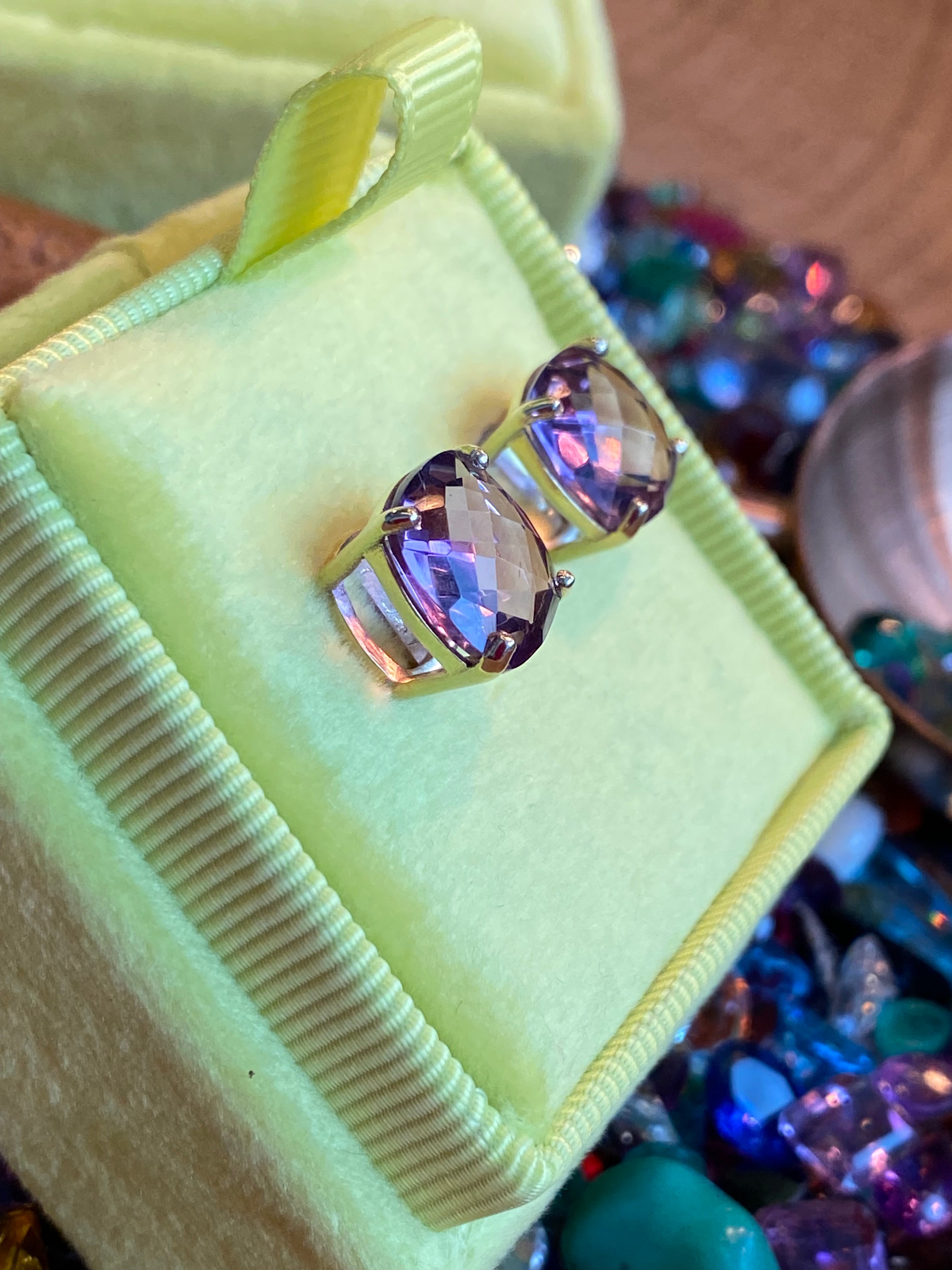 Cushion Chequerboard Cut Rose De France Amethyst Stud Earrings in 9ct Yellow Gold