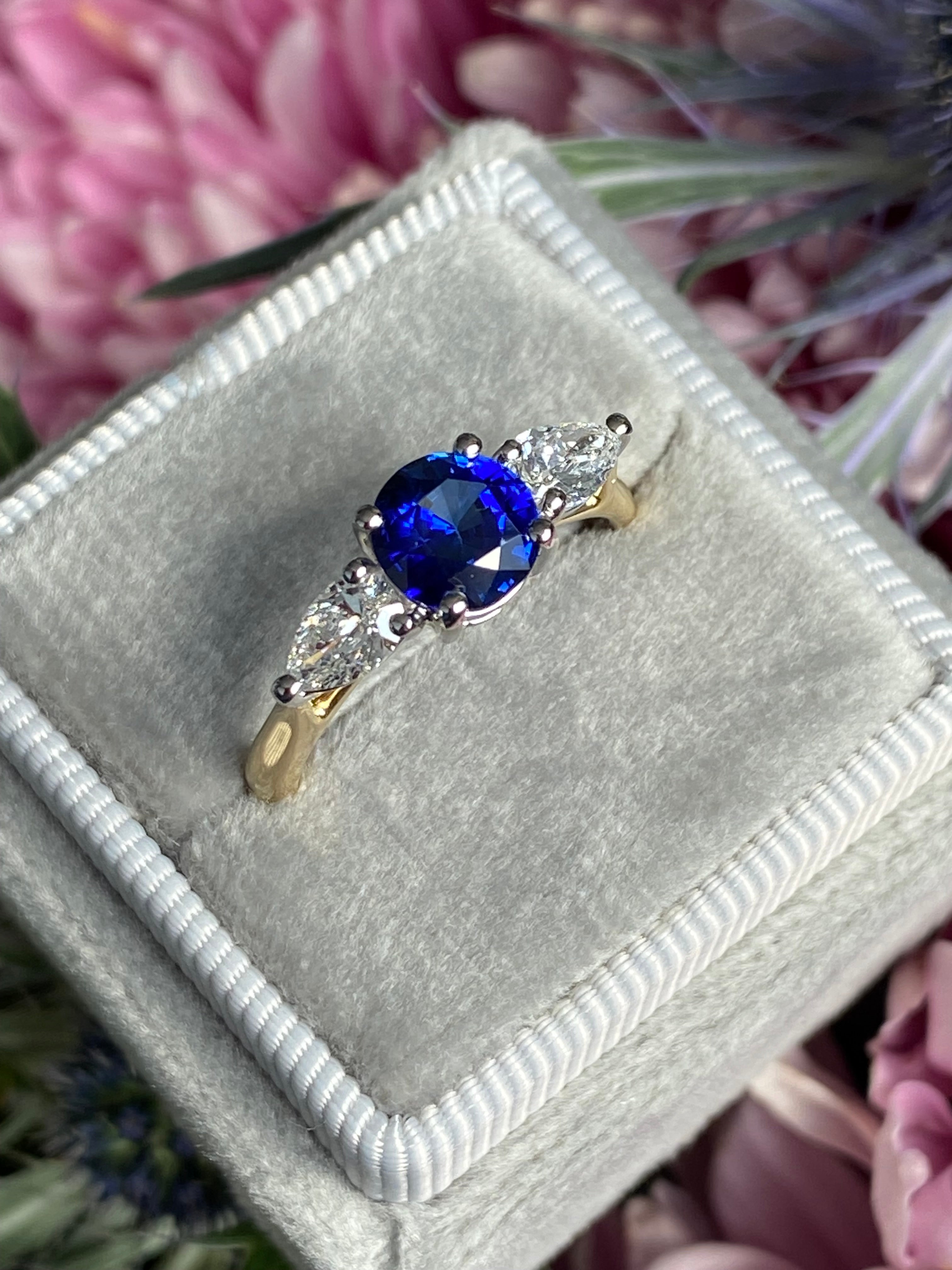 1.52 CTW Blue Ceylon Sapphire and Natural Diamond Three Stone Engagement Ring in Platinum and 18ct Yellow Gold