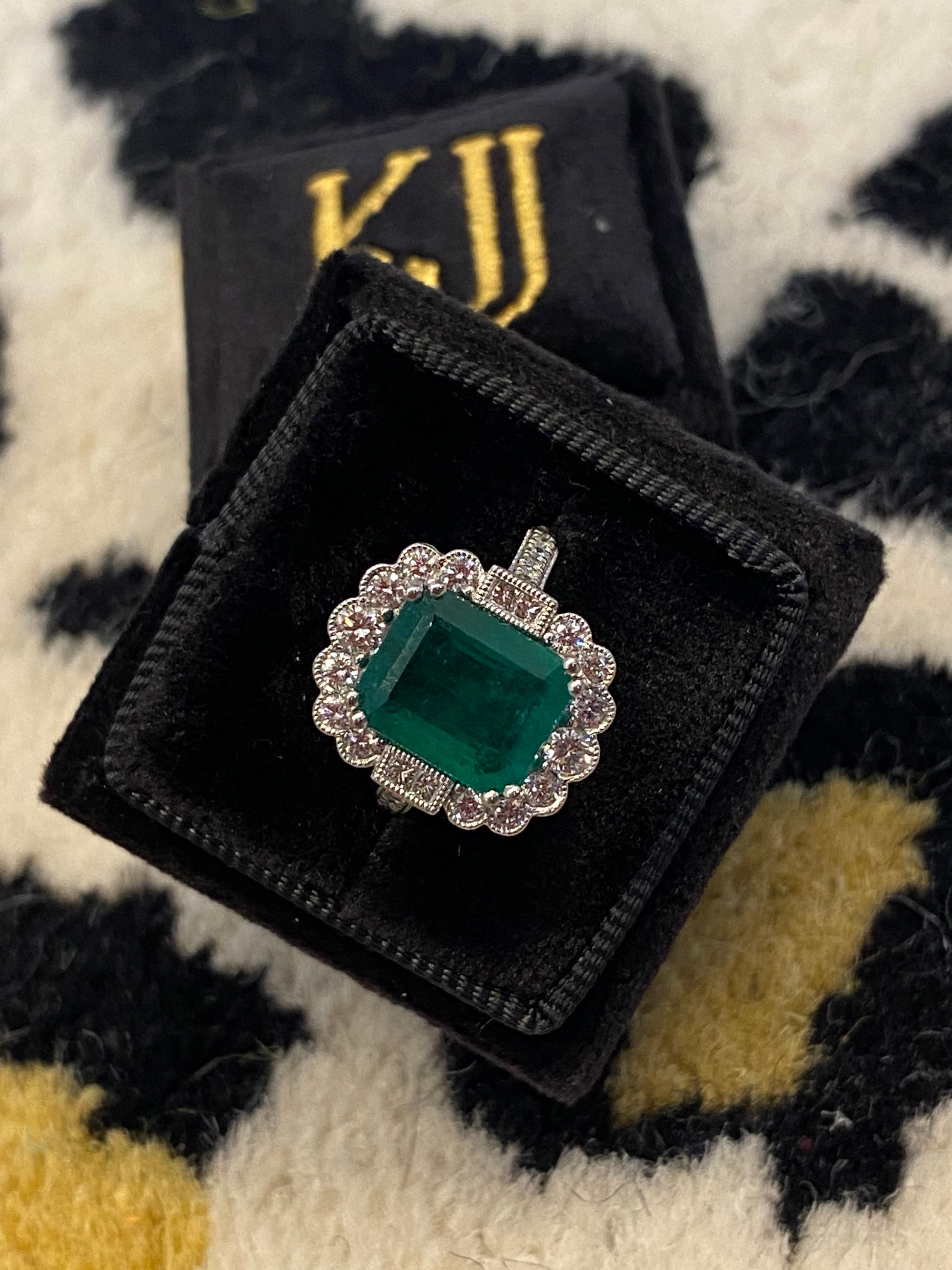 3.88 Carat Emerald and Natural Diamond Halo Ring in Platinum