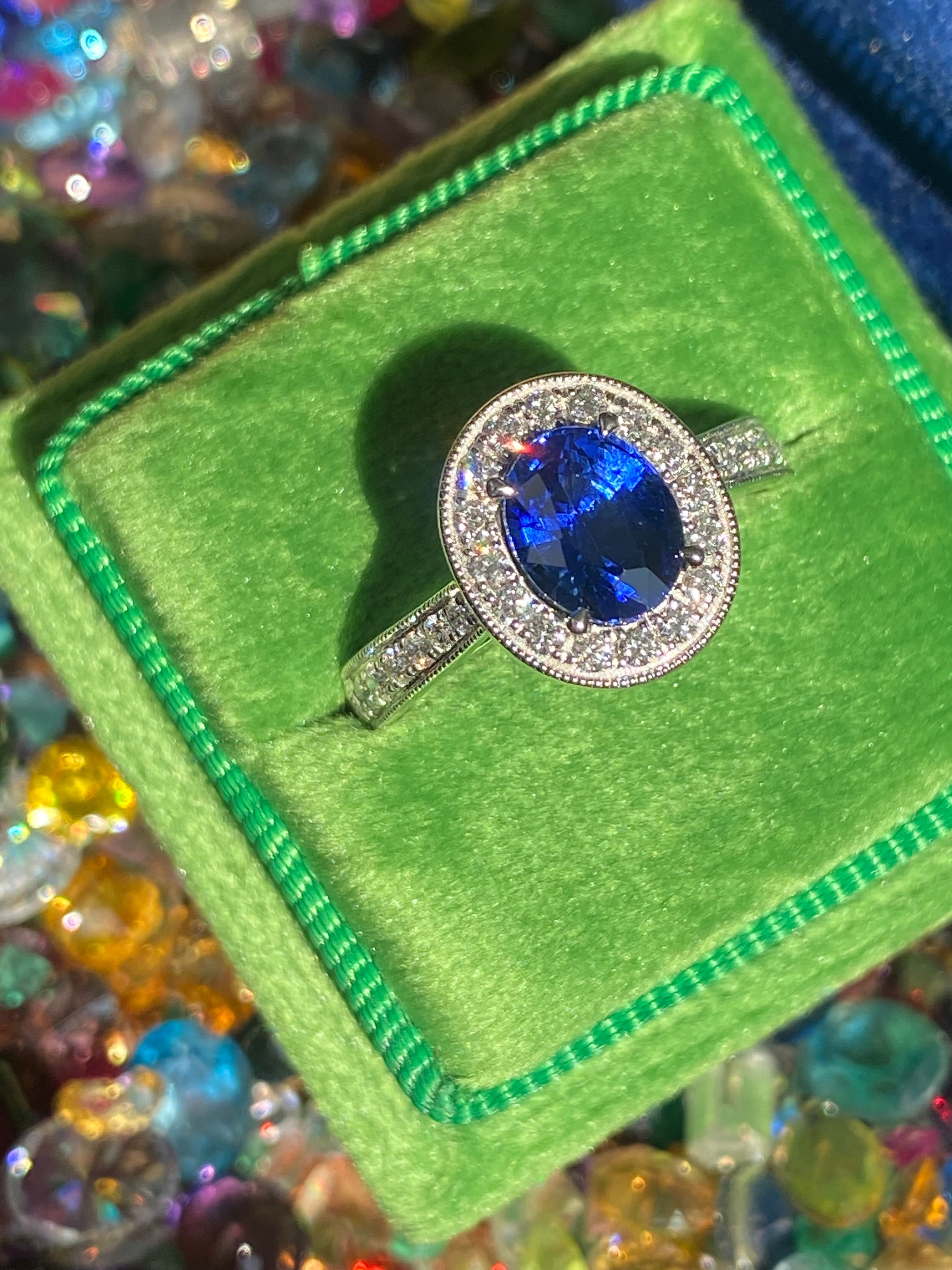 2.14 CTW Blue Ceylon Sapphire and Natural Diamond Halo Ring in Platinum