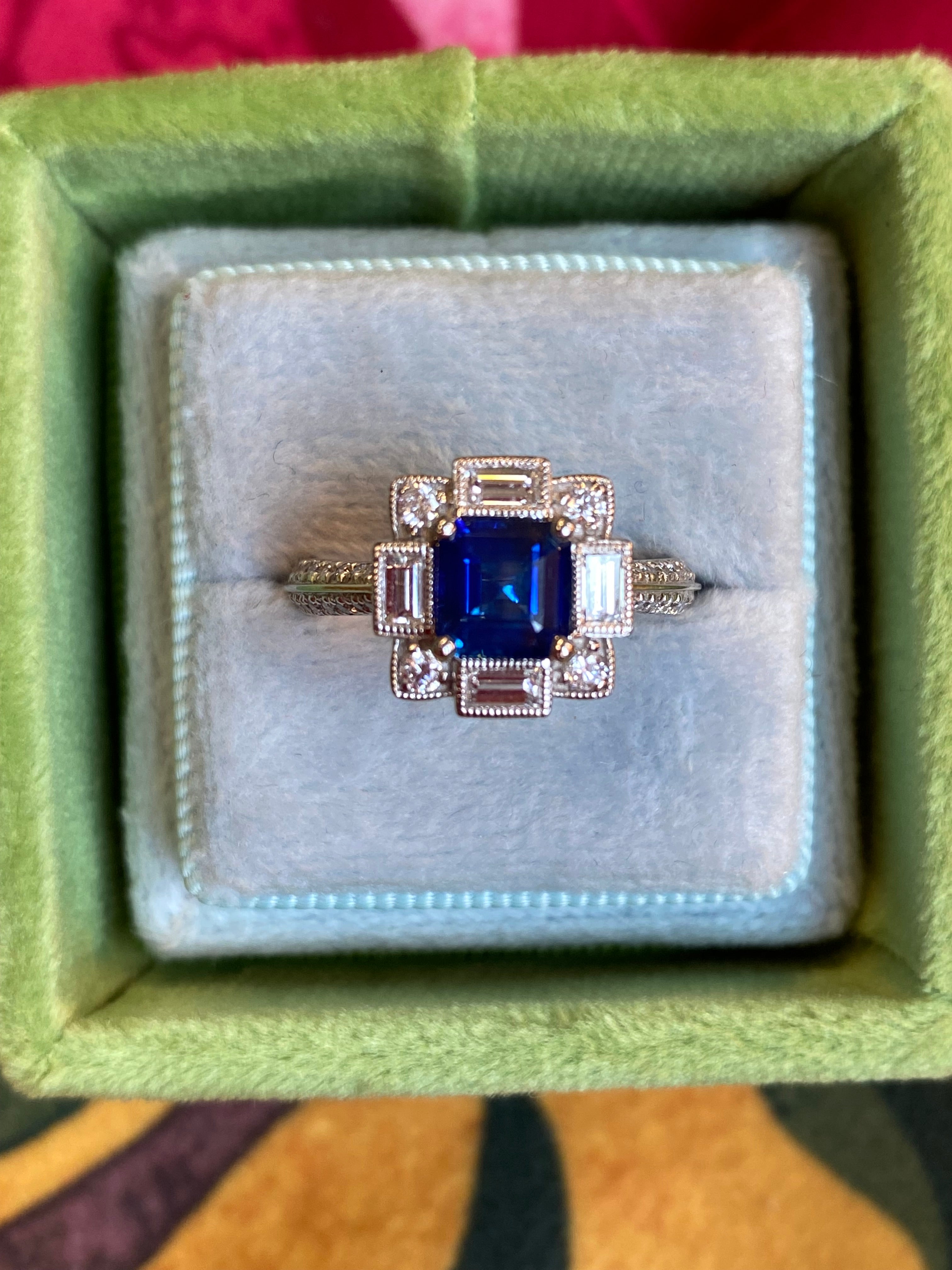 1.79 CTW Blue Ceylon Sapphire and Natural Diamond Art Deco Style Halo Ring in Platinum