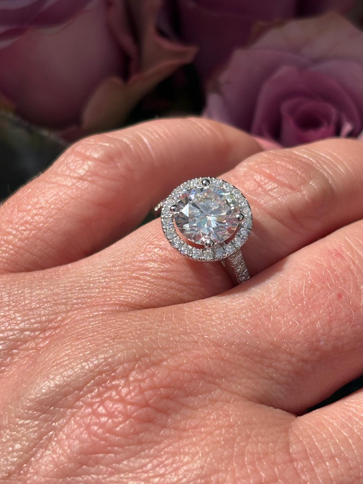 3.09 CTW Round Cut Moissanite Halo Engagement Ring in Sterling Silver
