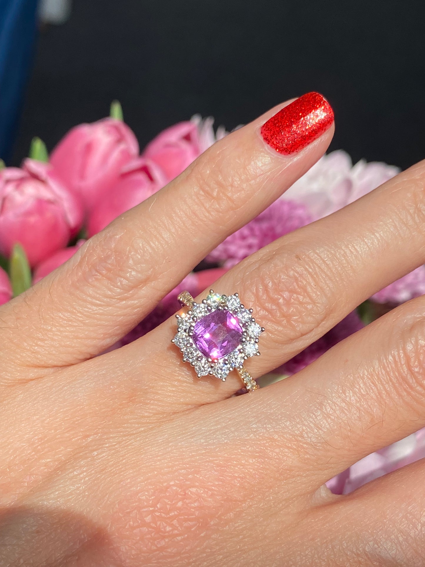 1.65 Carat Purple Sapphire and 0.85ctw Natural Diamond Halo Ring in Platinum and 18ct Gold