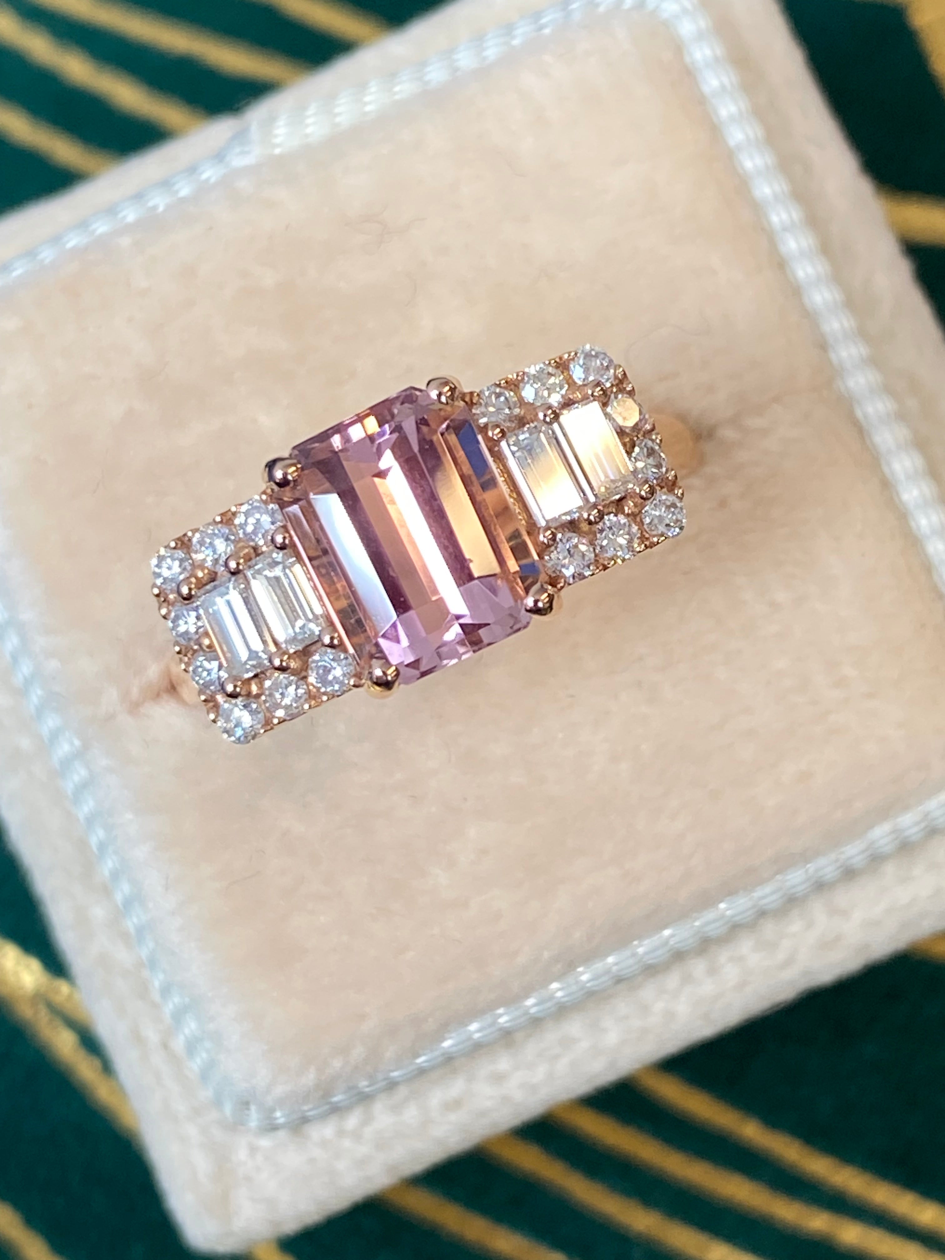 2.49 CTW Emerald Cut Morganite and Diamond Three Stone Style Engagement Ring in 18ct Rose Gold
