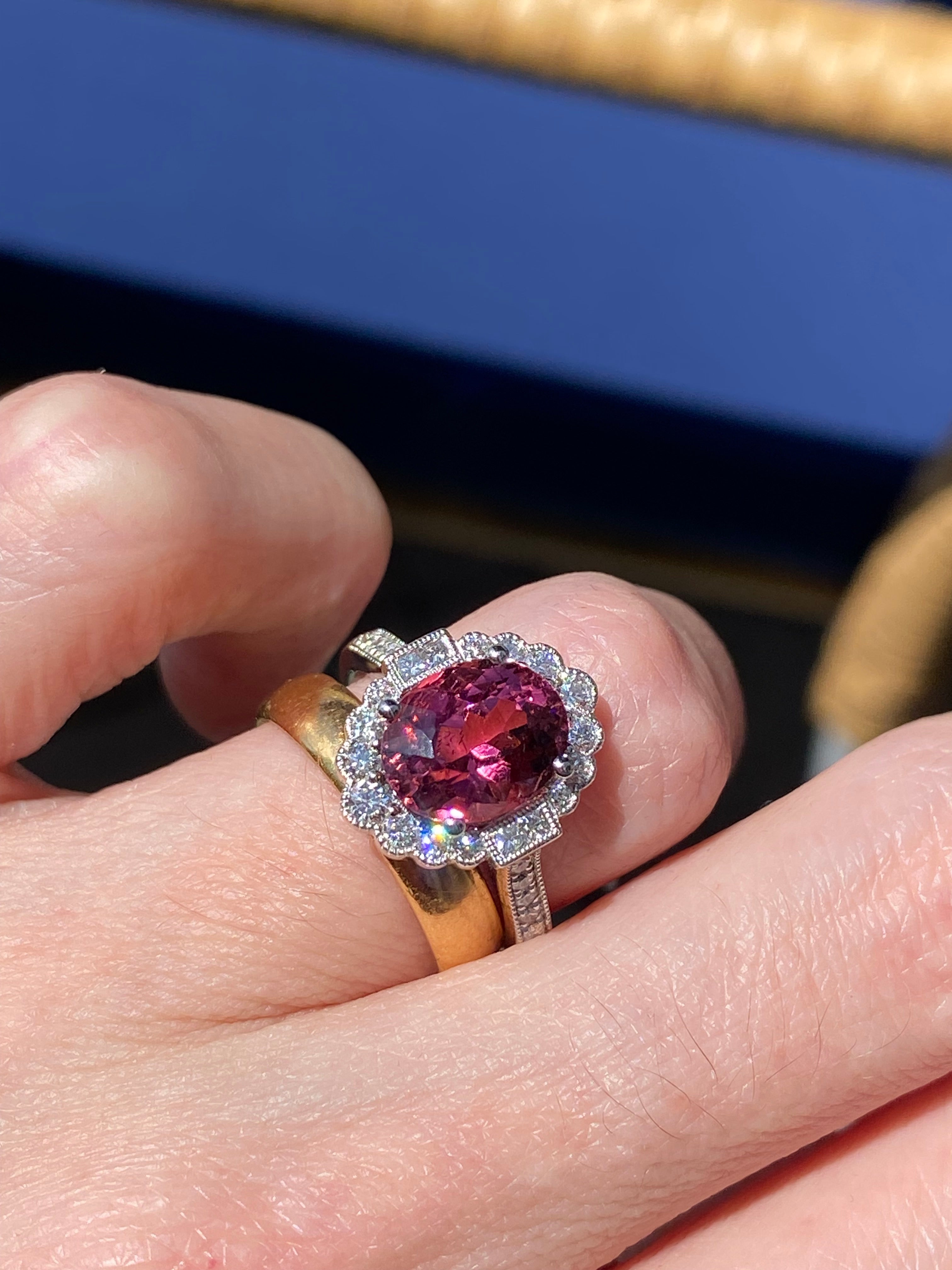3.13 Carat Oval Cut Pink Tourmaline and Natural Diamond Ring in Platinum