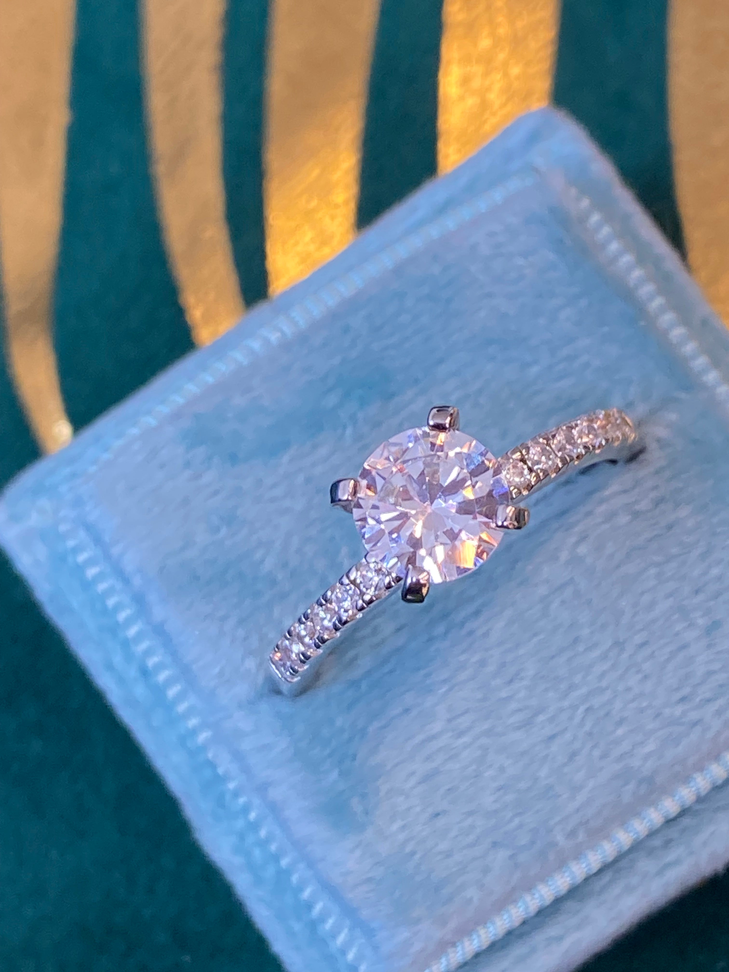 Round Cut Solitaire Moissanite Halo Engagement and Wedding / Eternity Ring Set in Sterling Silver