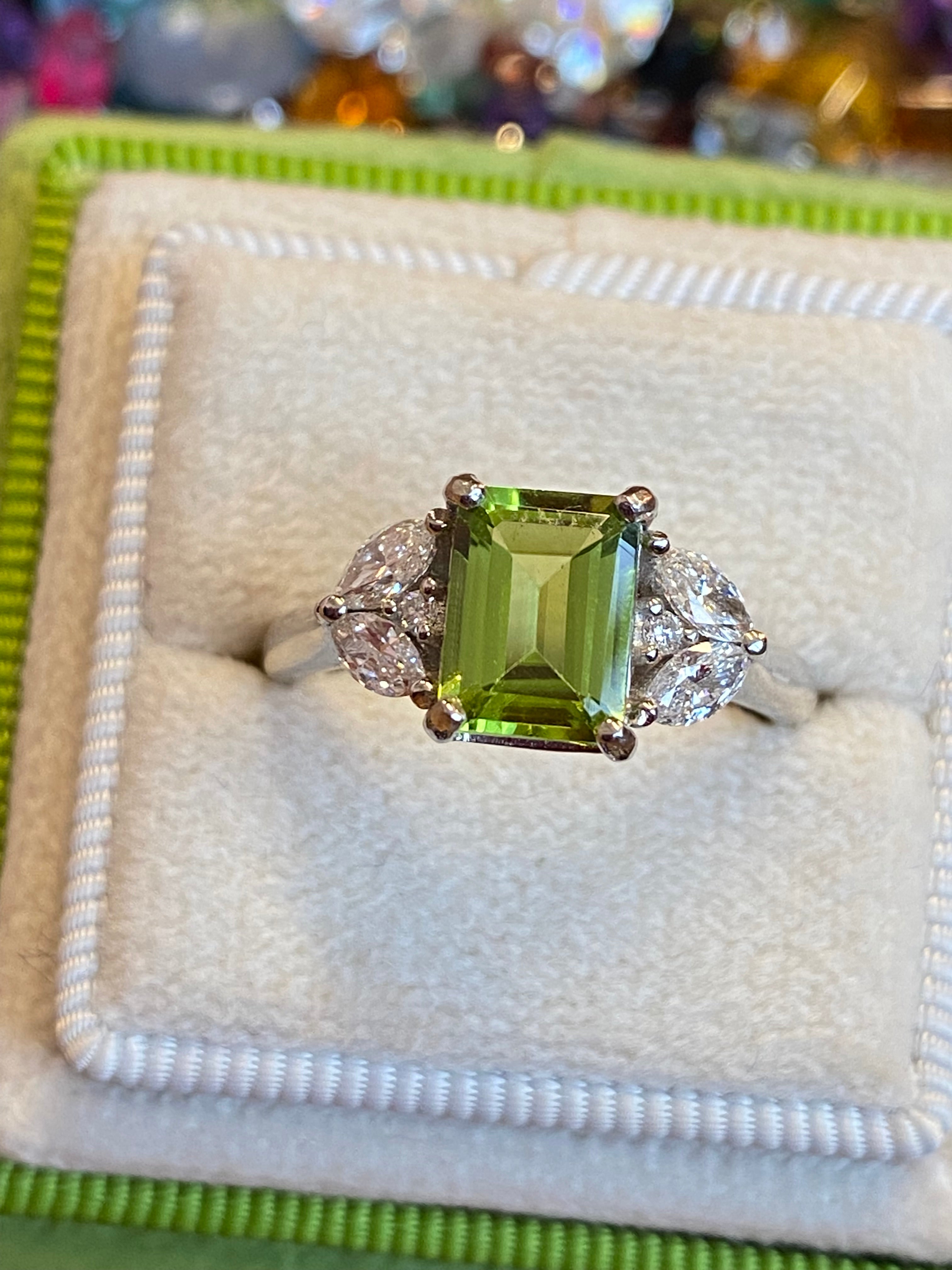 1.96 CTW Carat Peridot and Diamond Three Stone Engagement Ring in Platinum
