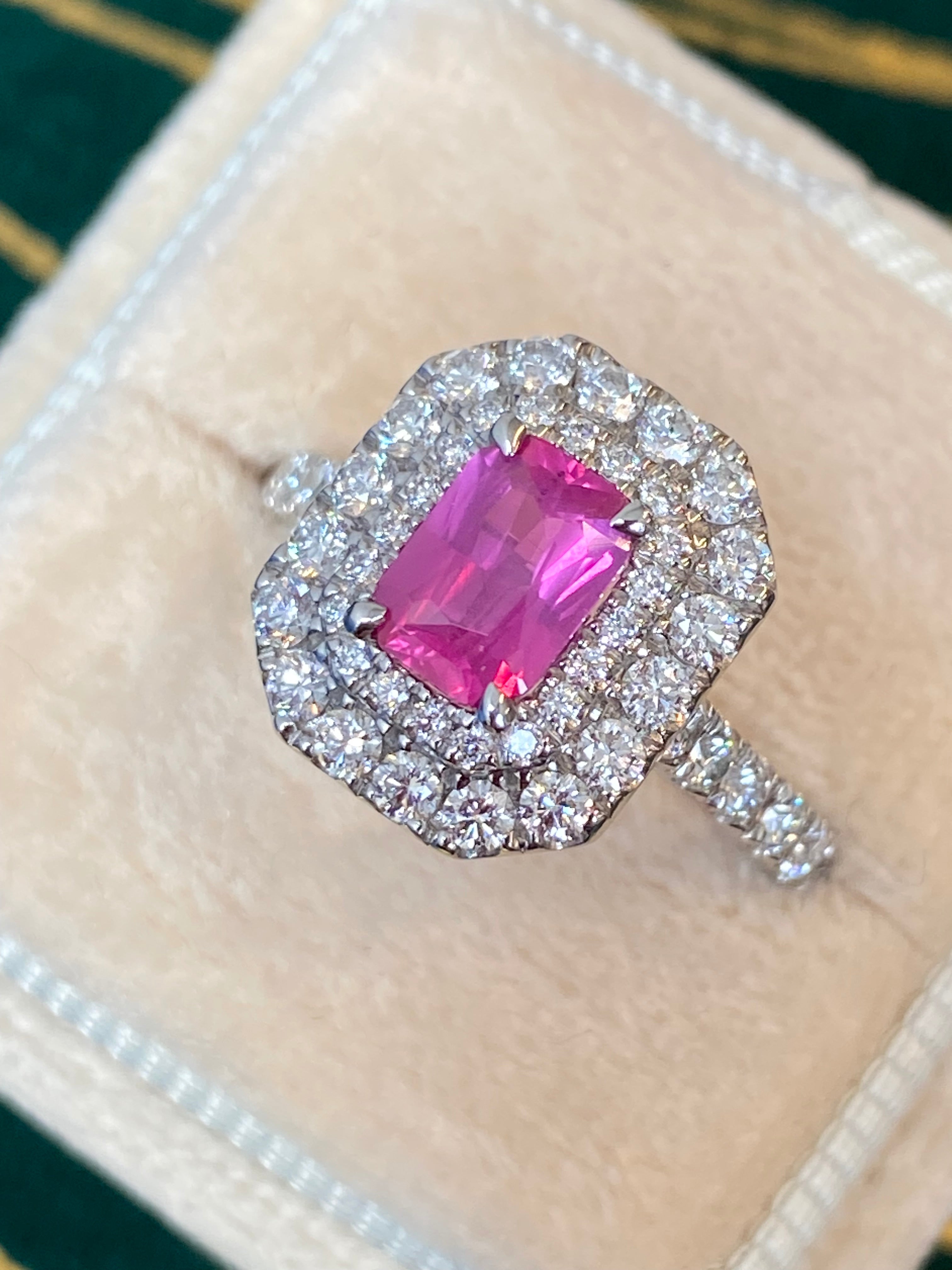 1.75 CTW Radiant Cut Pink Sapphire and Natural Diamond Double Halo Ring in Platinum