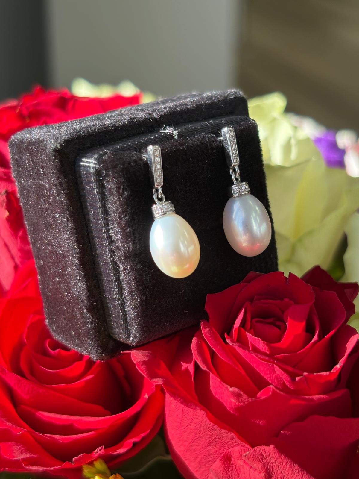 8.86 CTW Oval Pearl and Diamond Drop Earrings in 18ct White Gold