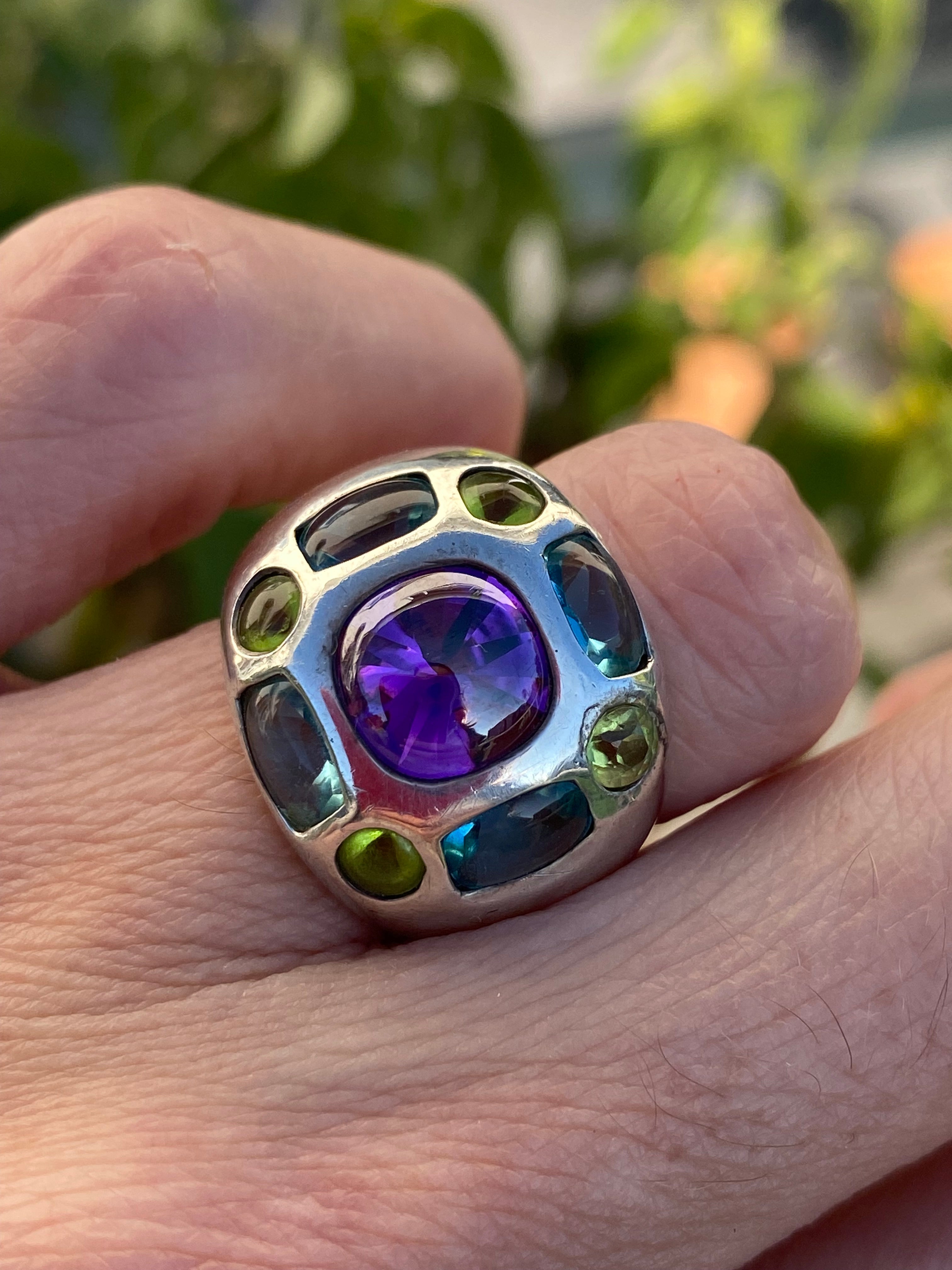 Beautiful Vintage Amethyst, Peridot and Blue Topaz Ring in Sterling Silver