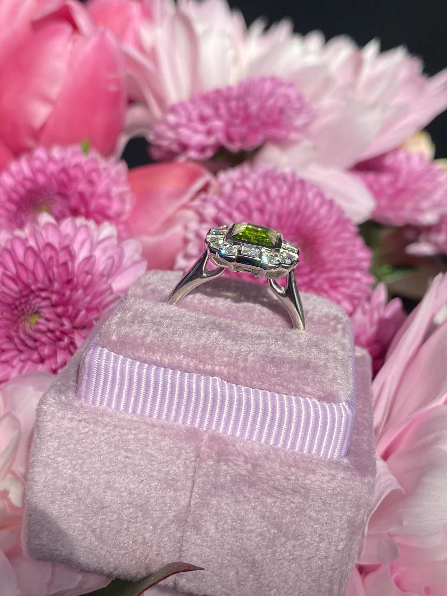 1.32 Carat Peridot and Natural Diamond Ring in Platinum