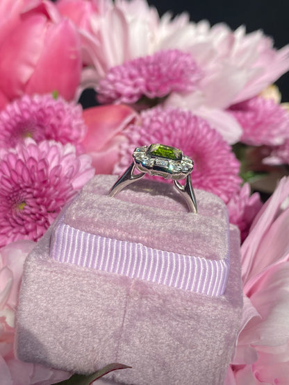 1.32 Carat Peridot and Natural Diamond Ring in Platinum