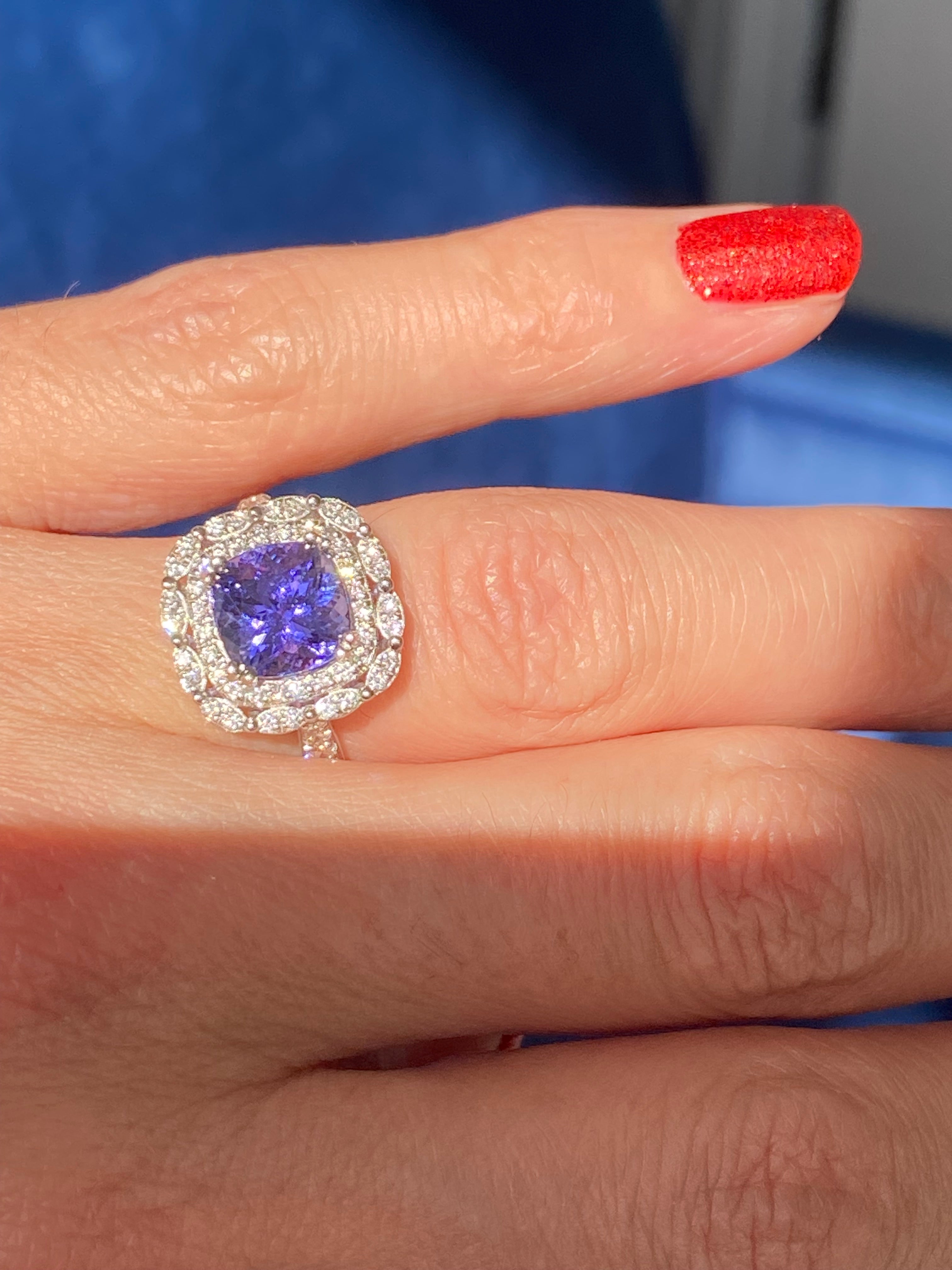 2.36 Carat Cushion Cut Tanzanite and 0.71 ctw Natural Diamond Ring in Platinum