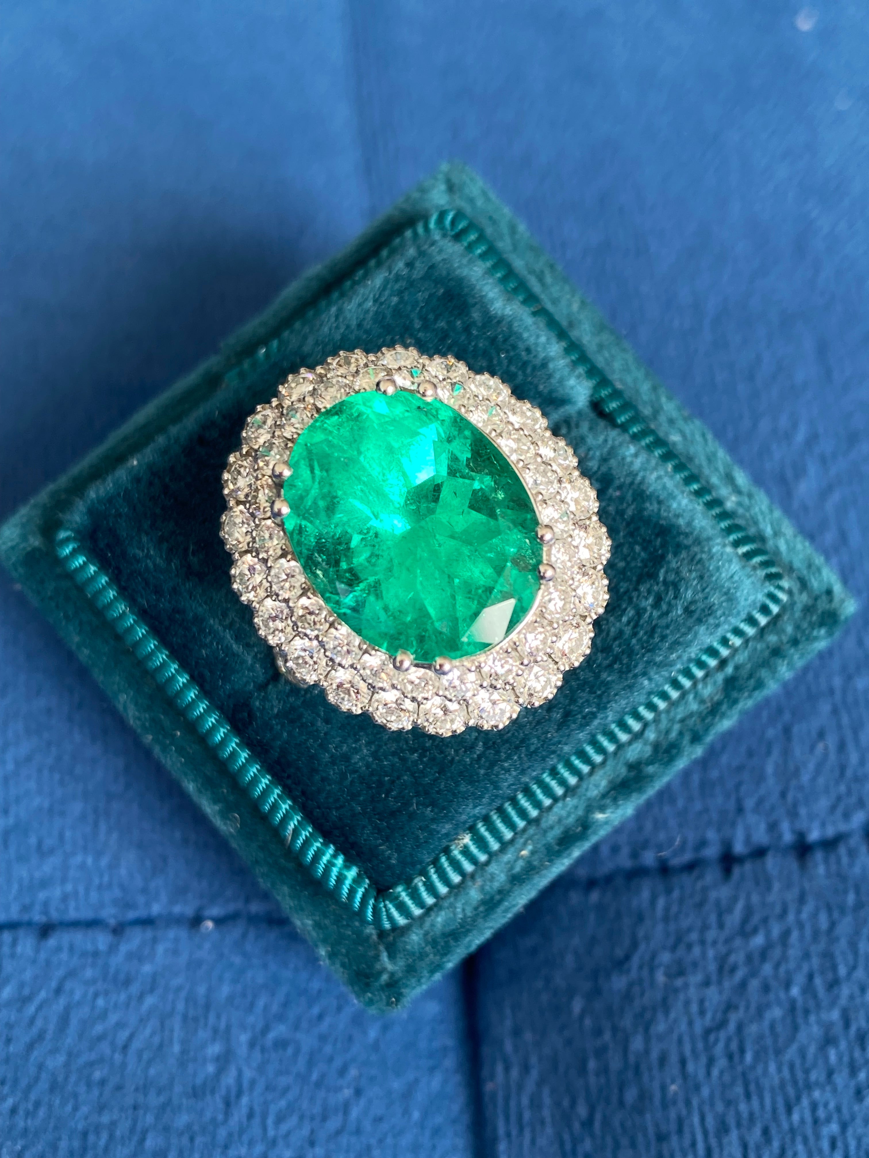 9.10 CTW Colombian Emerald and Natural Diamond Double Halo Ring in Platinum
