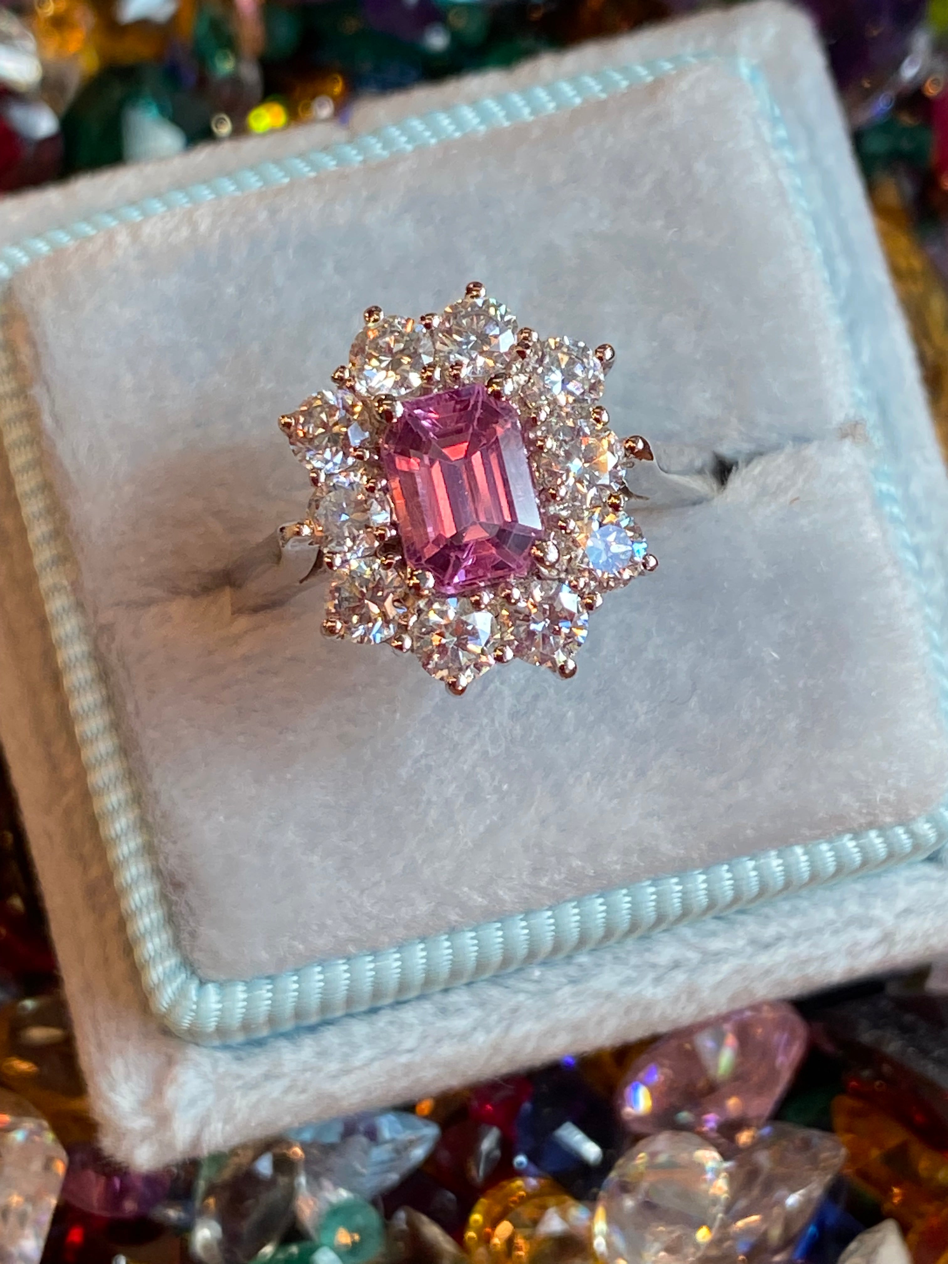 2.33 CTW Emerald Cut Pink Sapphire and Natural Diamond Halo Ring in Platinum