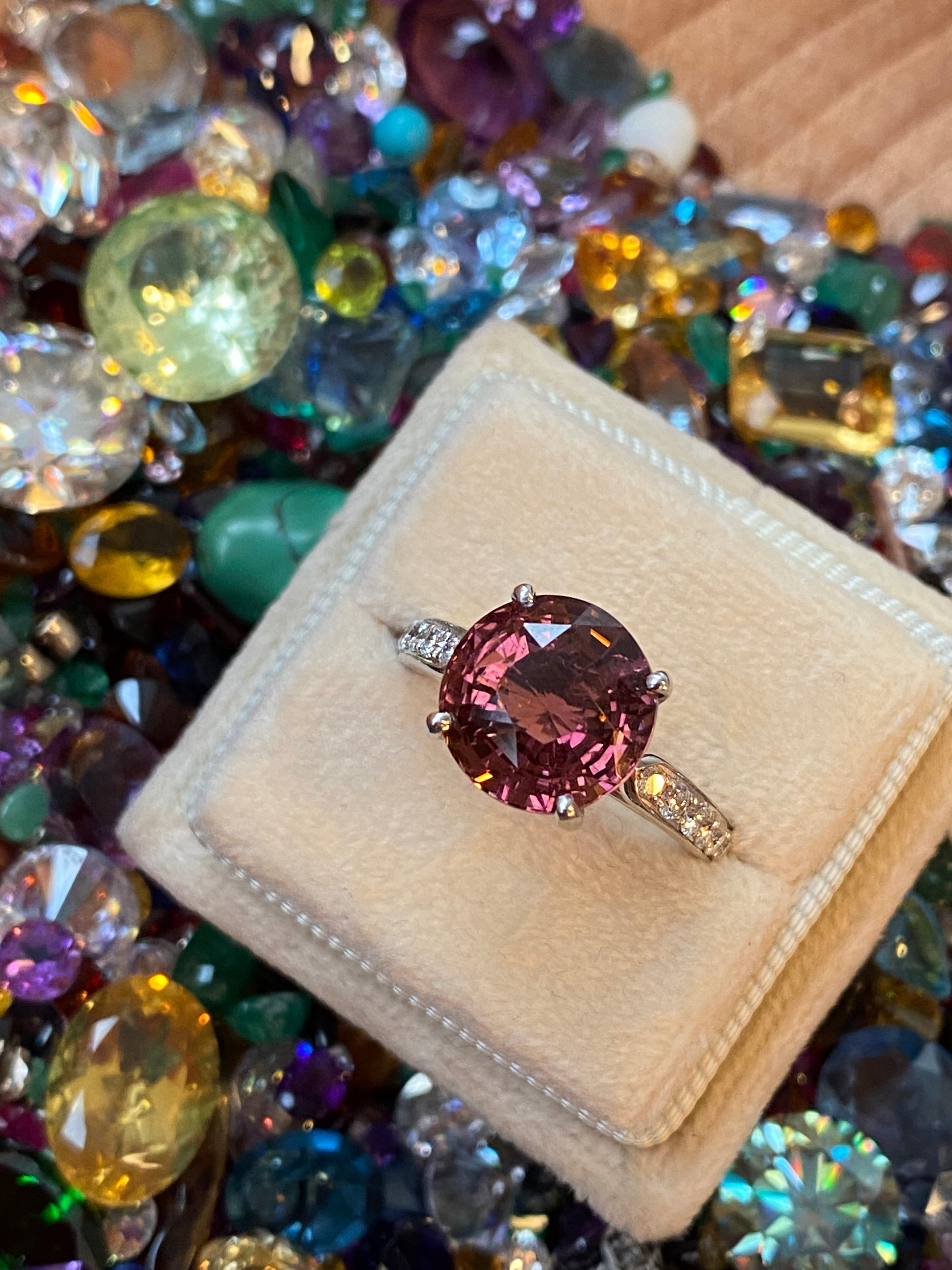5.09 Carat Round Cut Pink Tourmaline and Natural Diamond Engagement Ring in Platinum